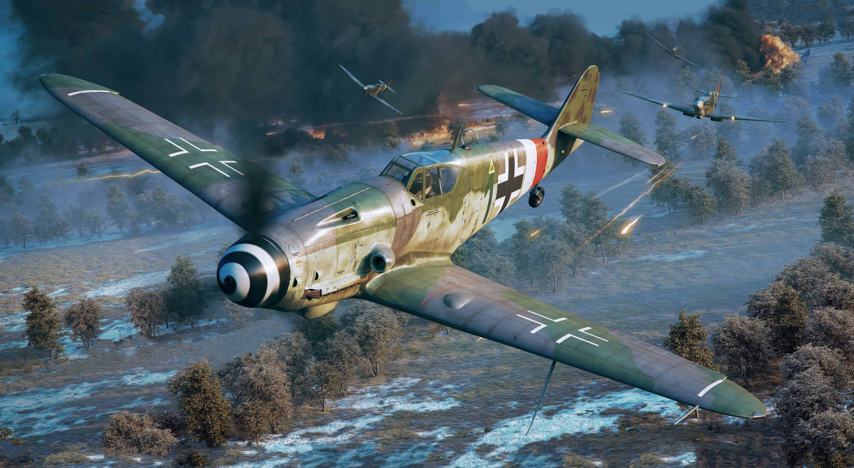 World War Ii War Airplane Aircraft World War Boxart Painting Artwork Air Force Messerschmitt Bf 109  3500x1918