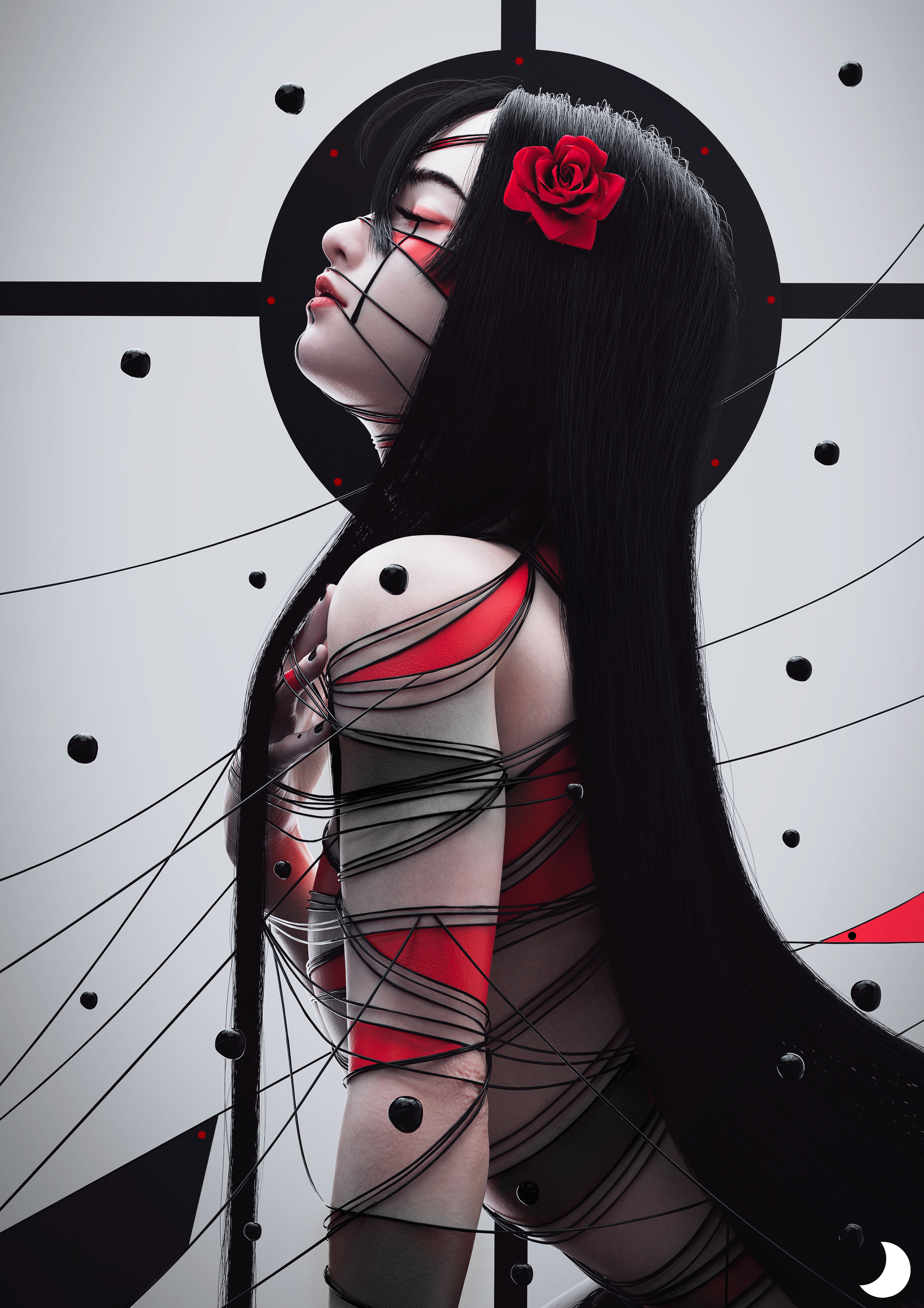 Artwork Digital Art Asian Women Dylan Kowalski Face Profile Hair In Face Black Hair Long Hair Flower 2480x3508