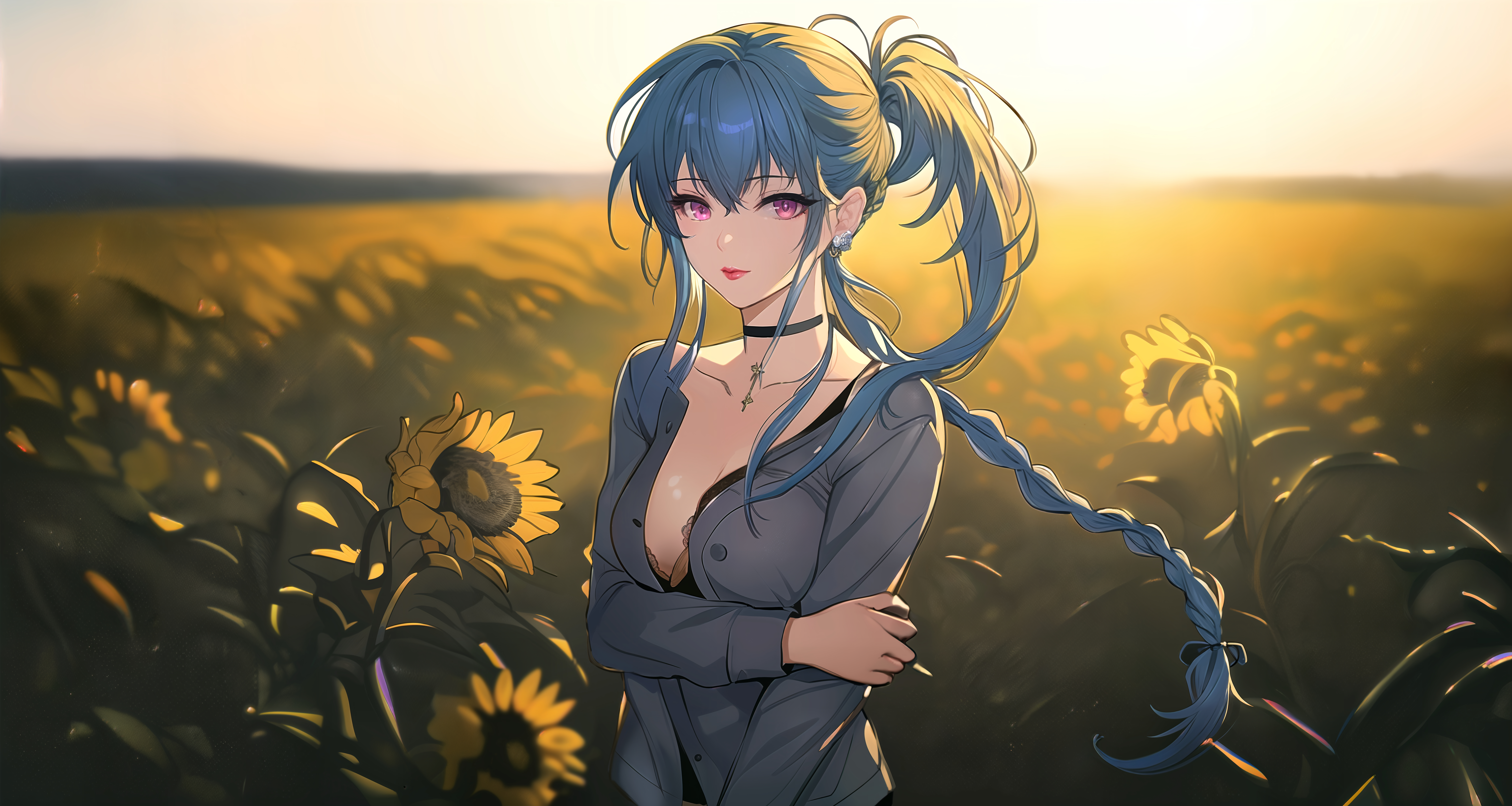 Anime Girls Anime Mia27000 Artwork Digital Art Original Characters Ai Art Flowers Sunflower Blue Hai 7680x4096