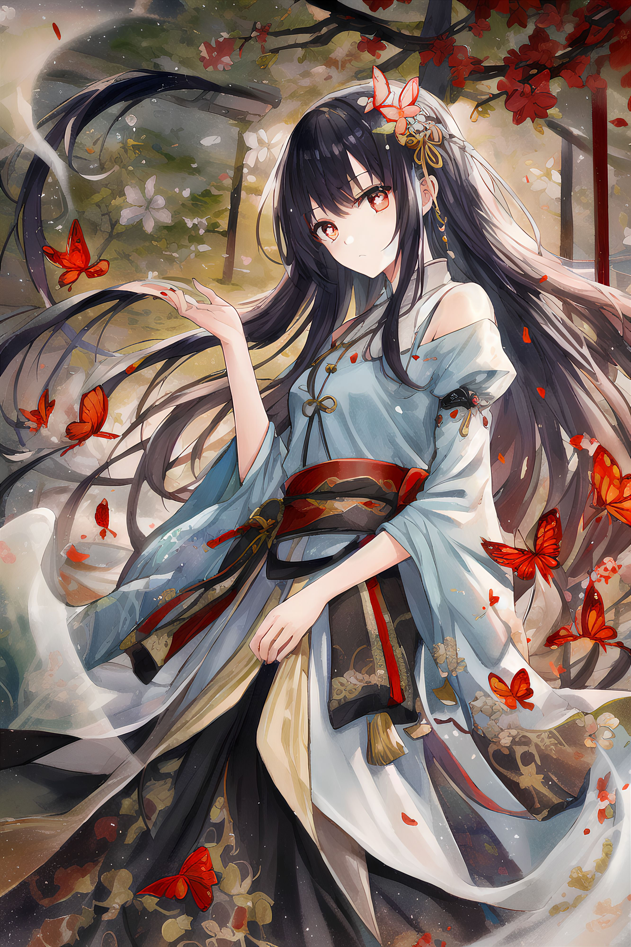 Anime Anime Girls Ai Art Butterfly Black Hair Red Eyes Vertical Dress Japanese Clothes 2666x4000