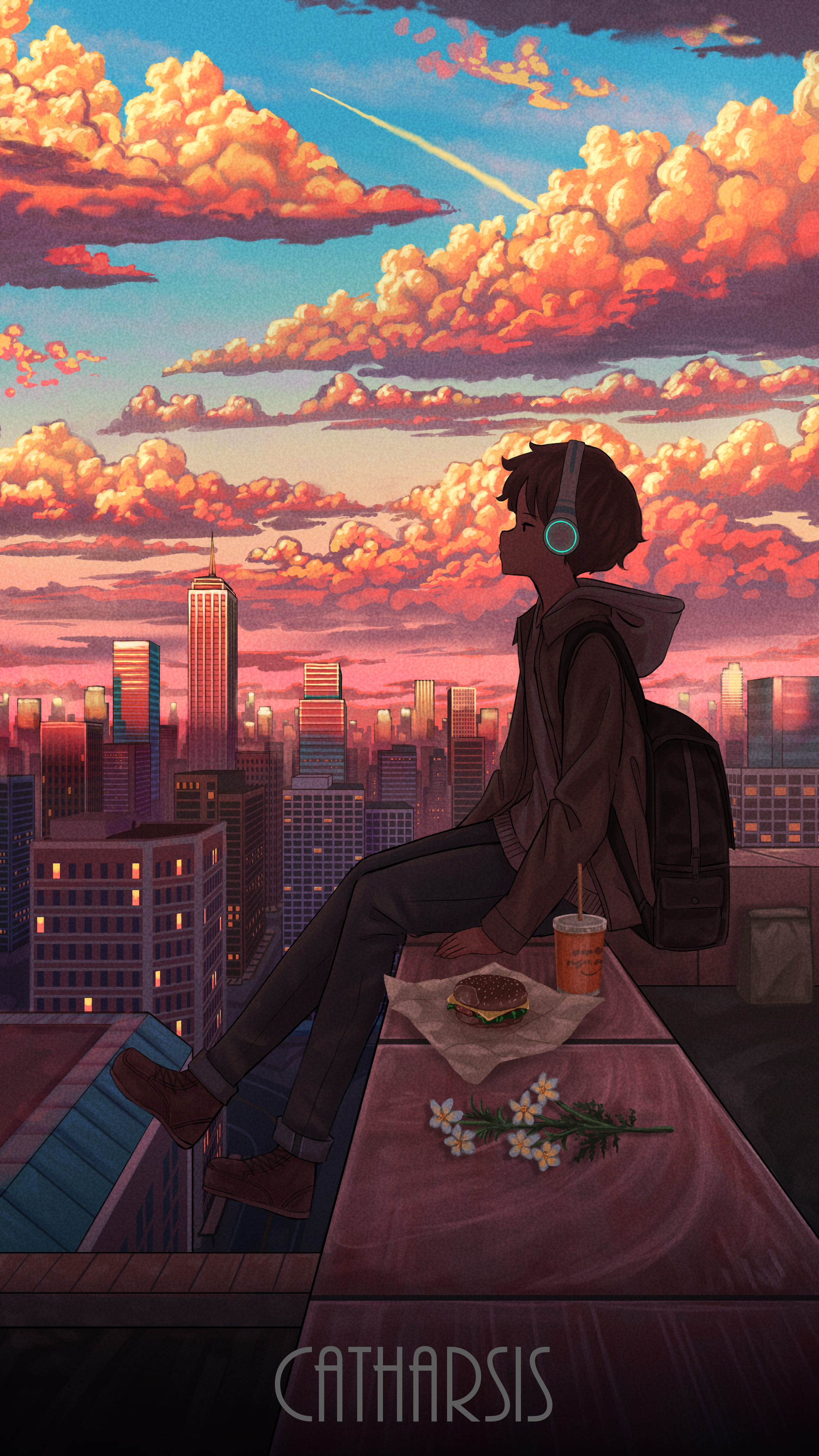 Anime Boys Cityscape Sunset Long Sleeves Headphones Sitting Hoods Skyscraper Schoolbags City Twiligh 2160x3840