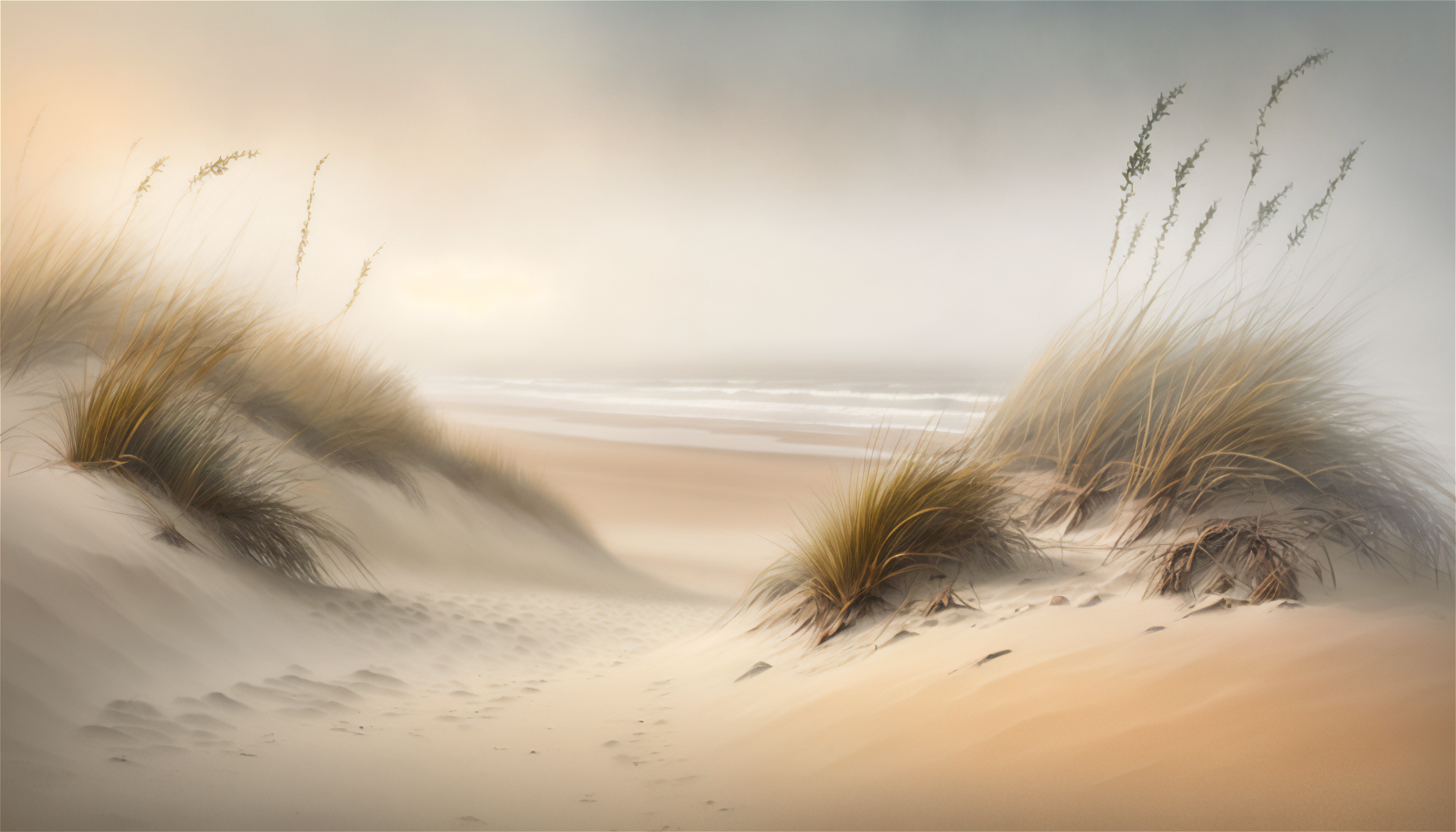 Ai Art Beach Grass Illustration Minimalism Simple Background Water Waves Sand 3136x1792