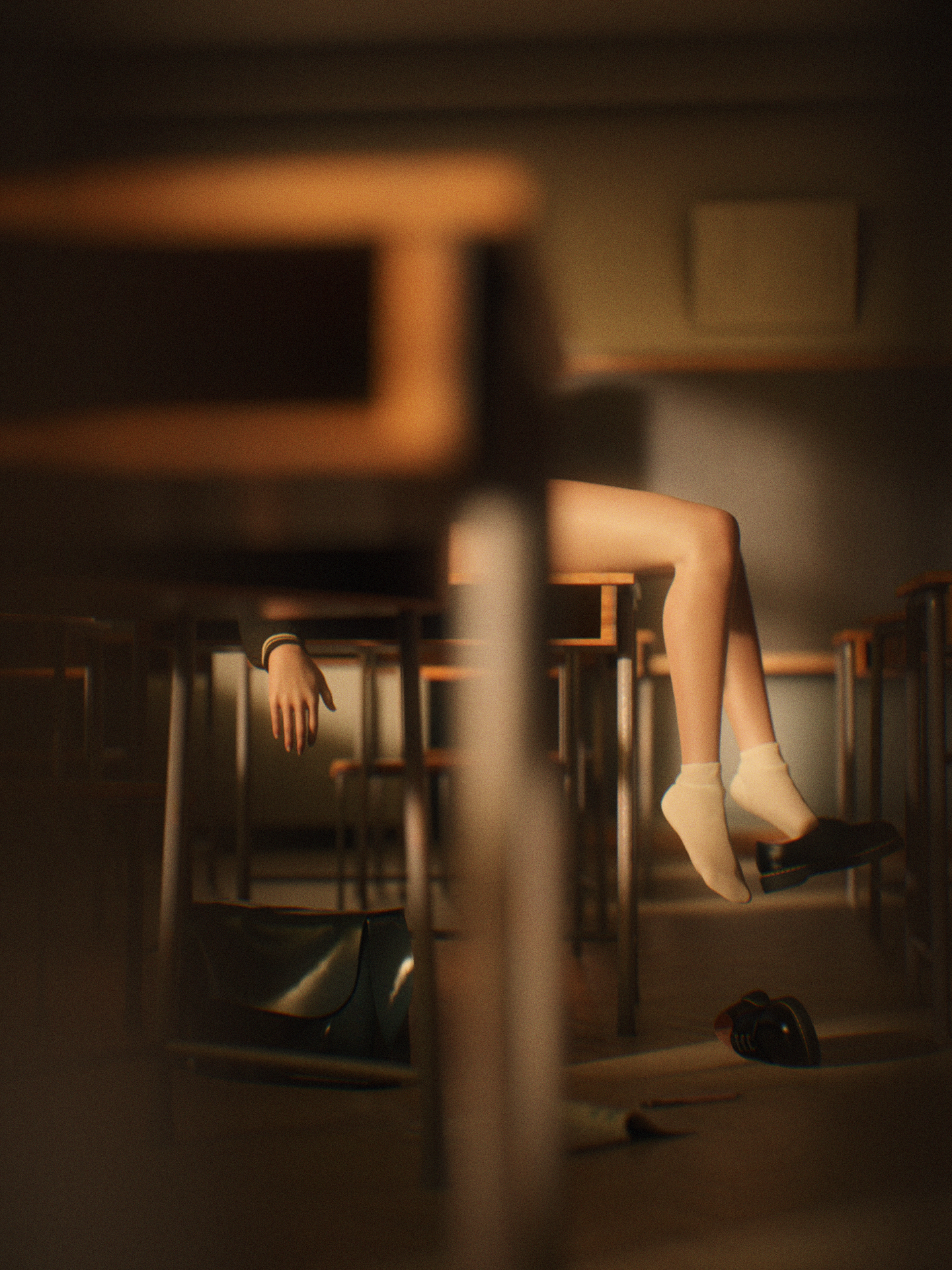 3D CG Fantasy Girl Classroom Desk Socks 1440x1920