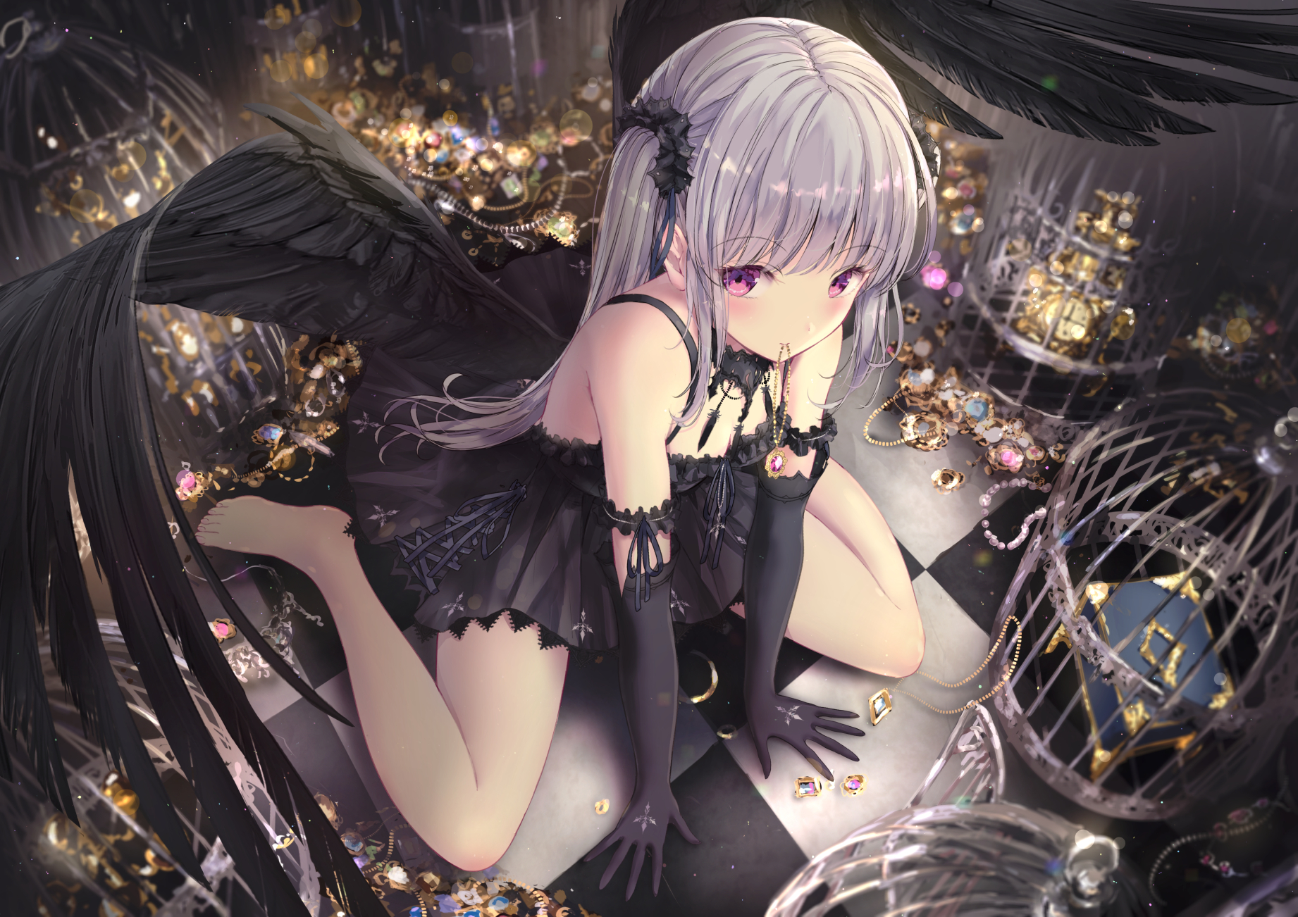 Original Characters Crow Silver Hair Anime Girls Wings Checkered Jewels 1842x1302