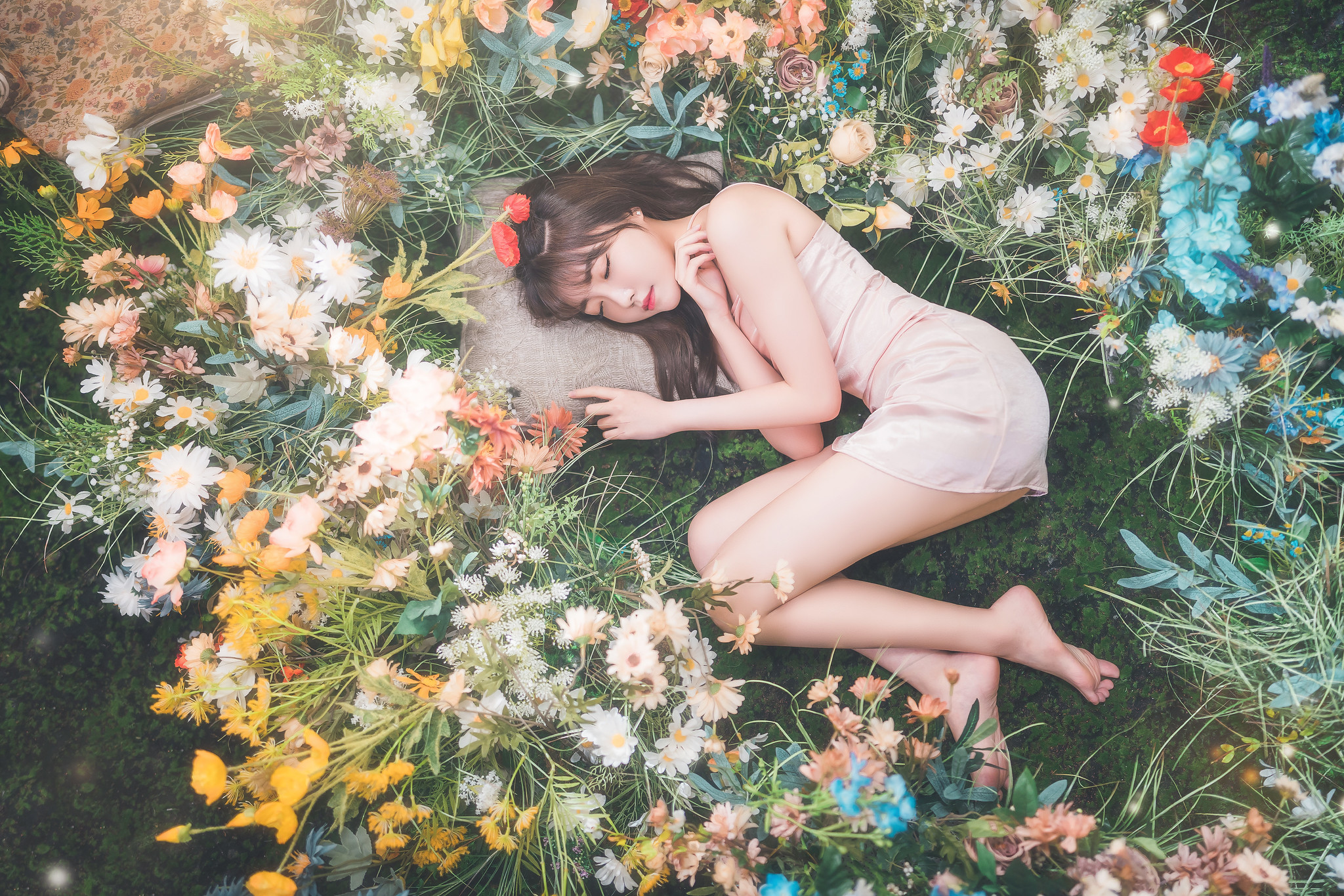 Sexy Funk Pig Women Asian Brunette Closed Eyes Dress Pink Clothing Sleeping Barefoot Flowers Plants  2048x1365