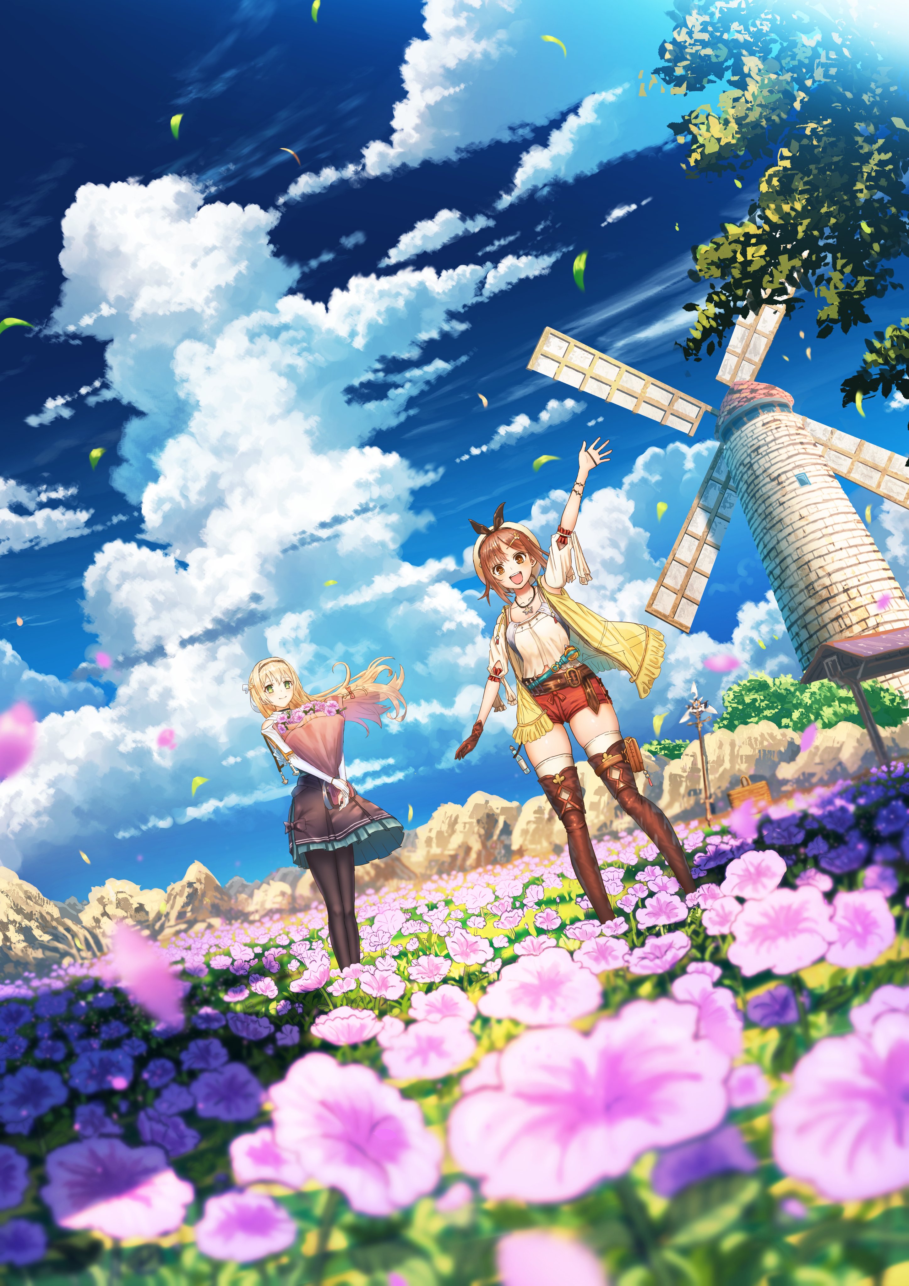 Shuu Illust Atelier Ryza Atelier Anime Girls Klaudia Valentz Flowers Reisalin Stout Two Women Waving 2894x4093