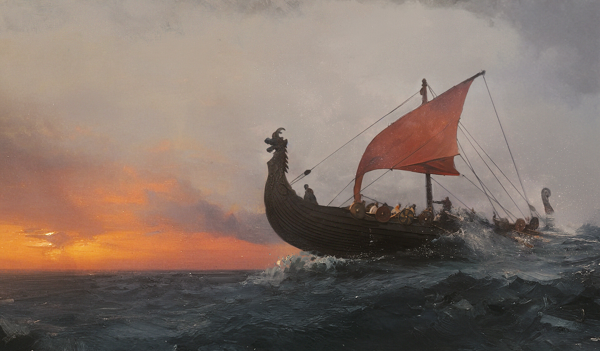 Artwork Digital Art Viking Boat Sea Sunset Clouds Water 1920x1125
