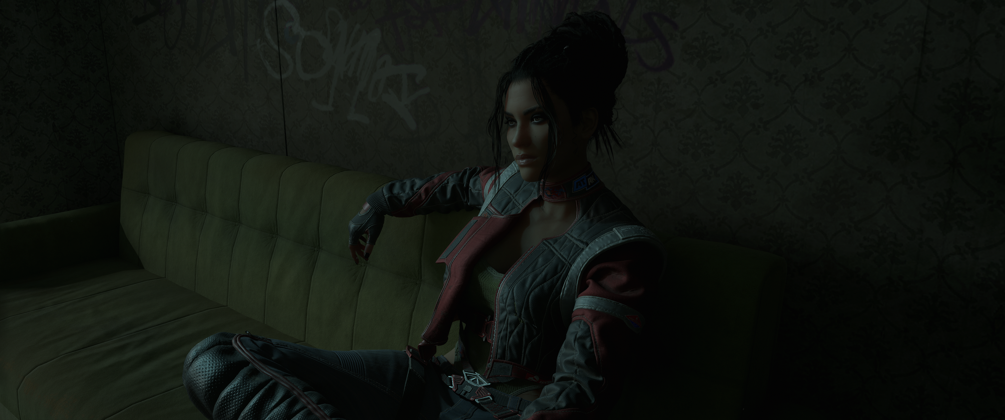 Video Game Characters CGi Game Photography Jacket CD Projekt RED Screen Shot Panam Palmer Couch Vide 3440x1440