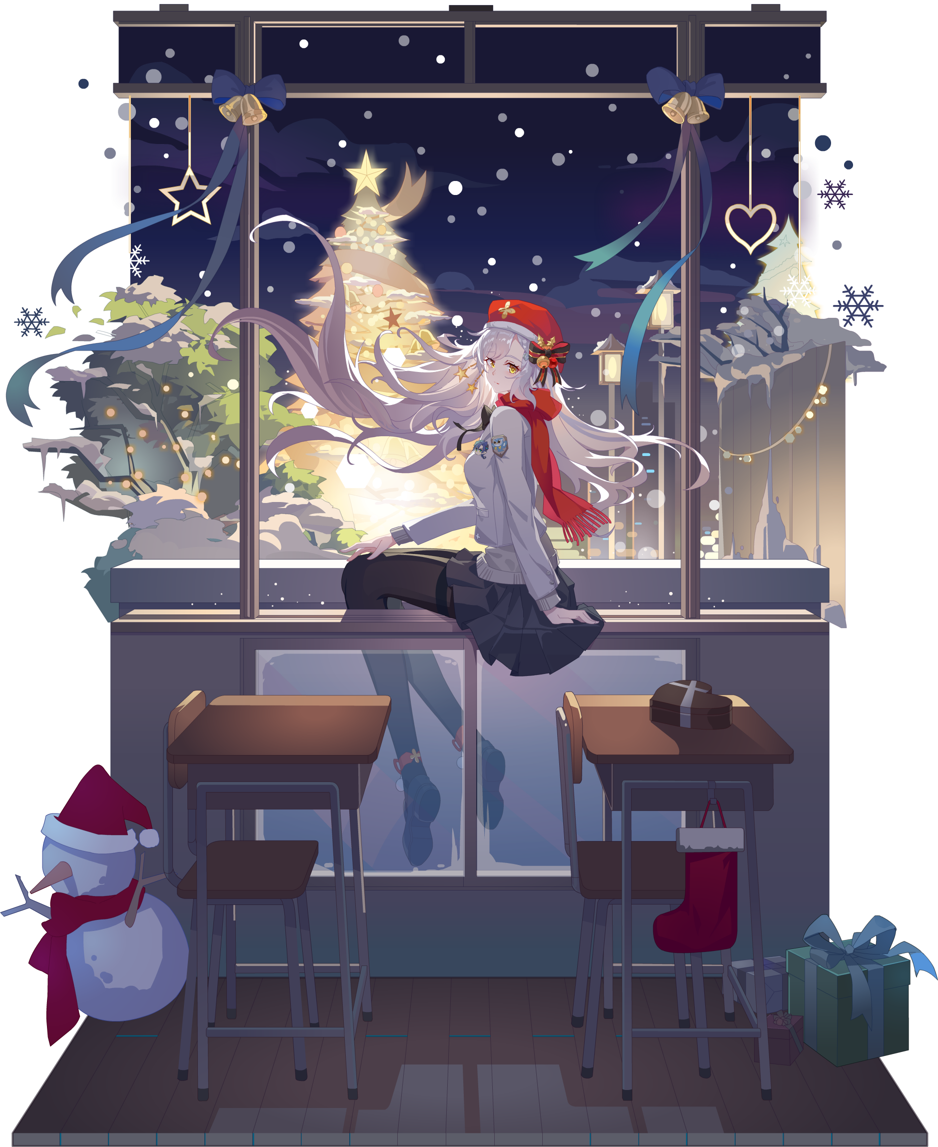 Aura Star Christmas Anime Girls White Hair Yellow Eyes Hat Christmas Tree Snowman School Uniform 1877x2294