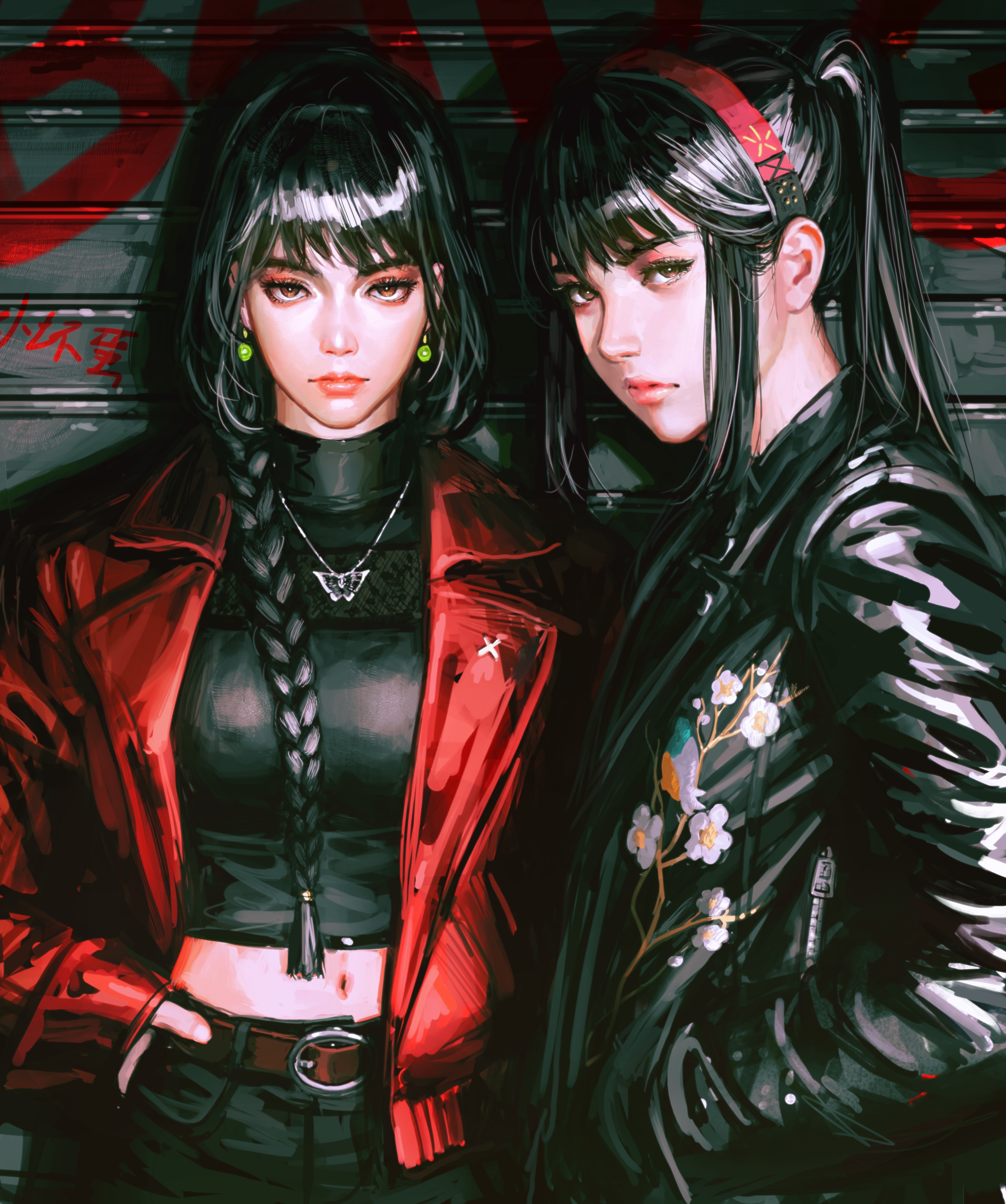 Anime Girls Anime GUWEiZ Two Women Looking At Viewer Black Hair Leather Jacket Braids Ponytail Neckl 4350x5208