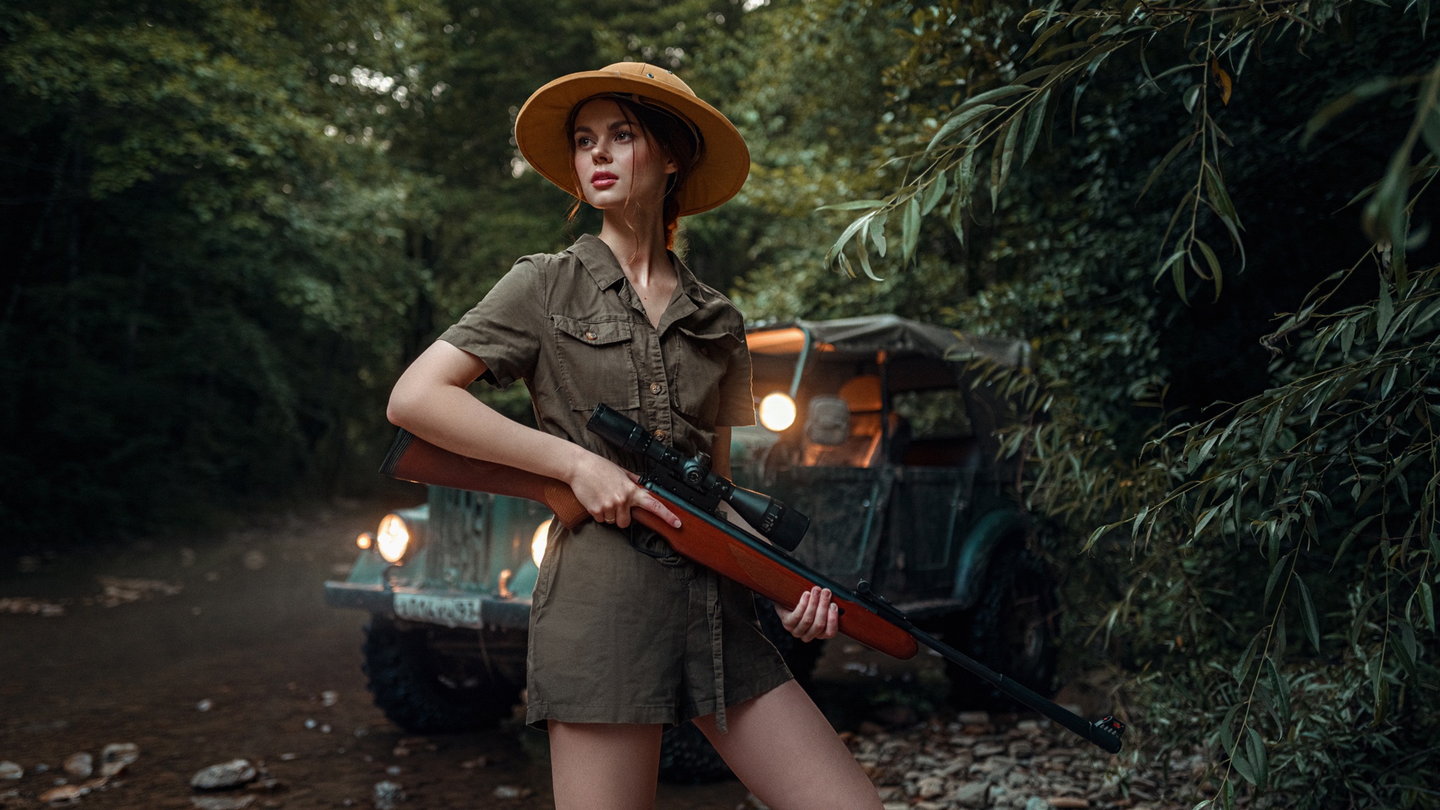 Women Viktoria Ageeva Hat Hunters Weapon Sniper Rifle Car Nature Plants Forest 2048x1152