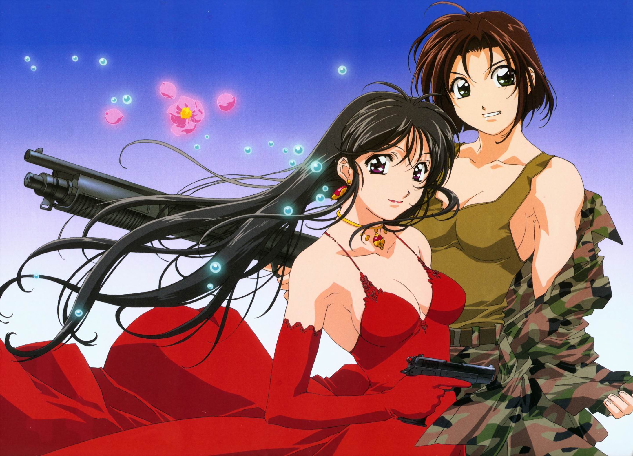 Youre Under Arrest Two Women Army Gear Pistol Shotgun Anime Girls With Guns Red Dress Black Hair Bru 2185x1574