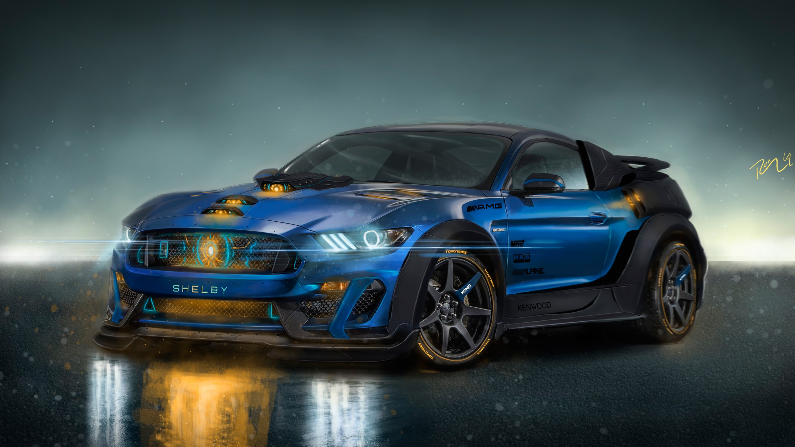 Car Ford Mustang Shelby Vehicle Blue Cars Headlights 2560x1440