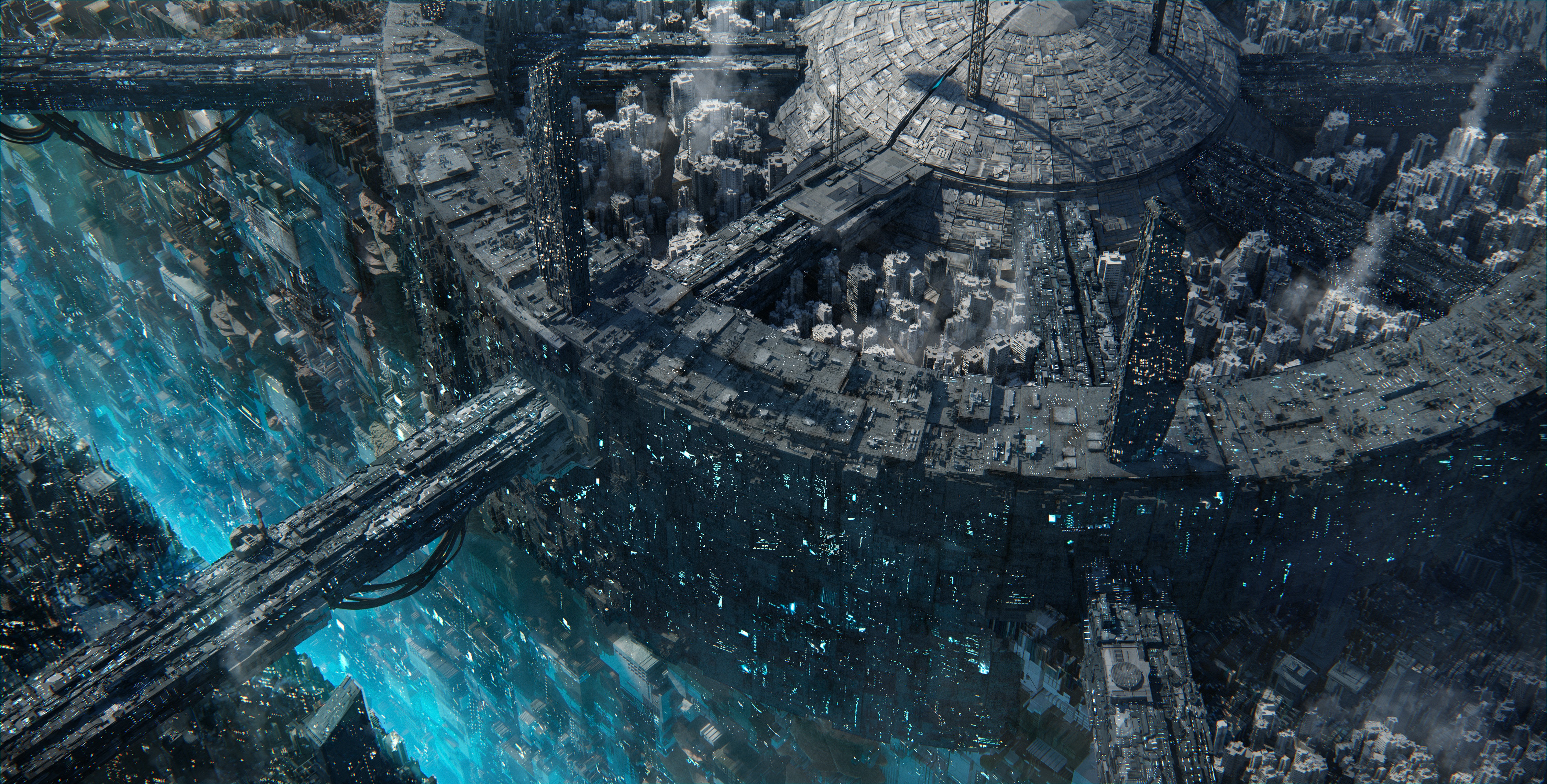CGi Render Digital Digital Art Artwork Science Fiction Cityscape Futuristic City City Cyberpunk Dyst 4500x2282