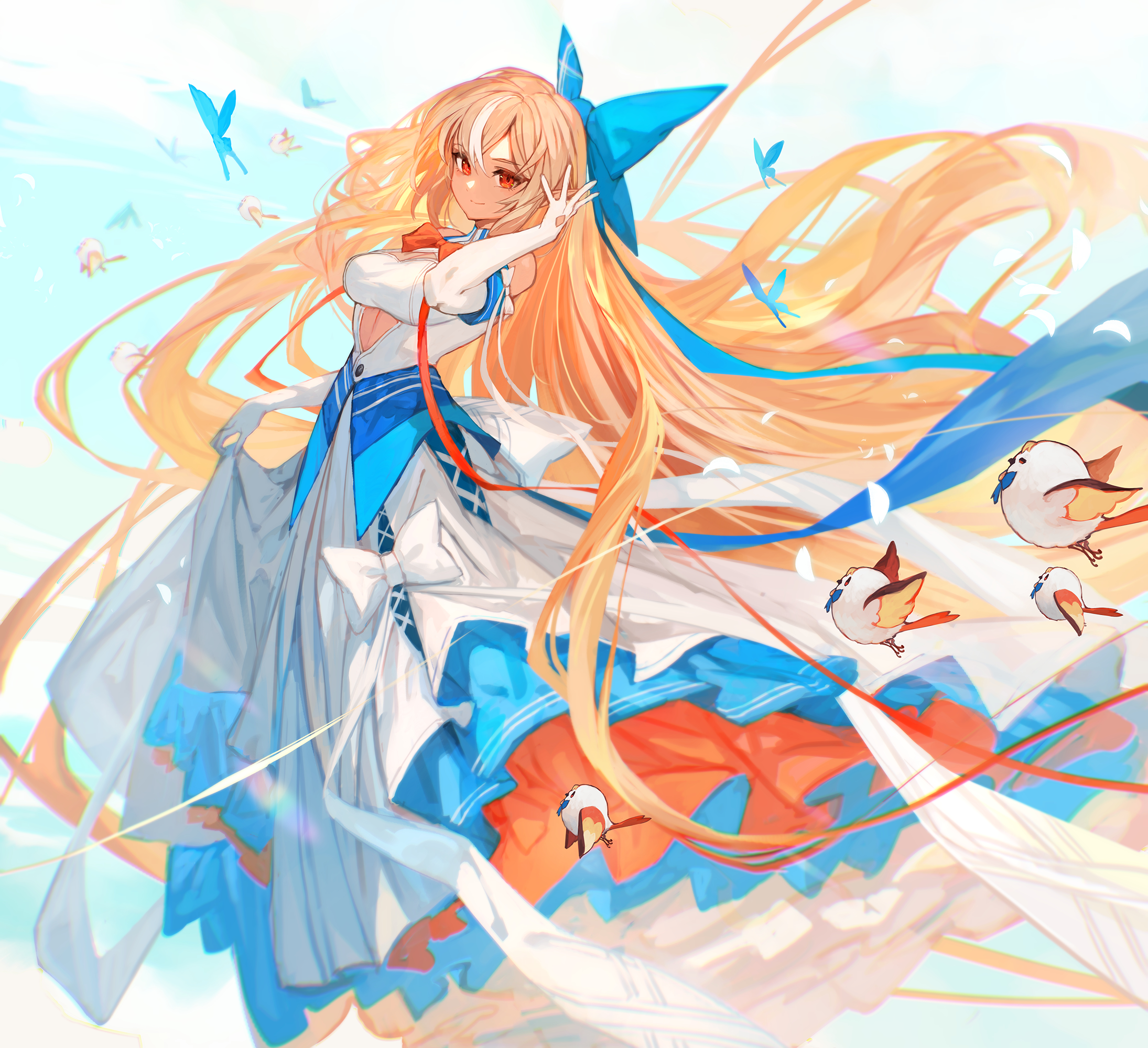 Anime Anime Girls Long Hair Dress Lifting Dress Smiling Looking At Viewer Butterfly Birds Animals In 2190x2000