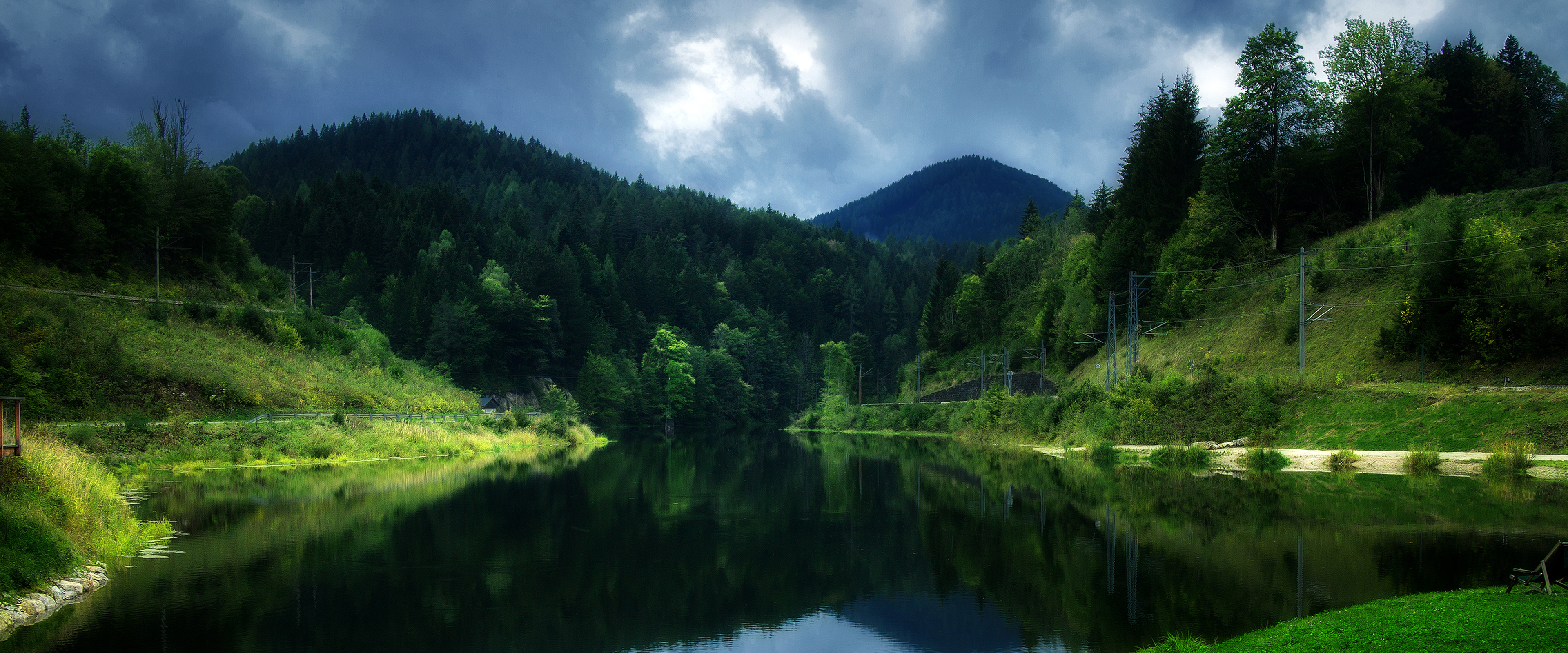 4K Nature Reflection Water Trees Clouds 3840x1600