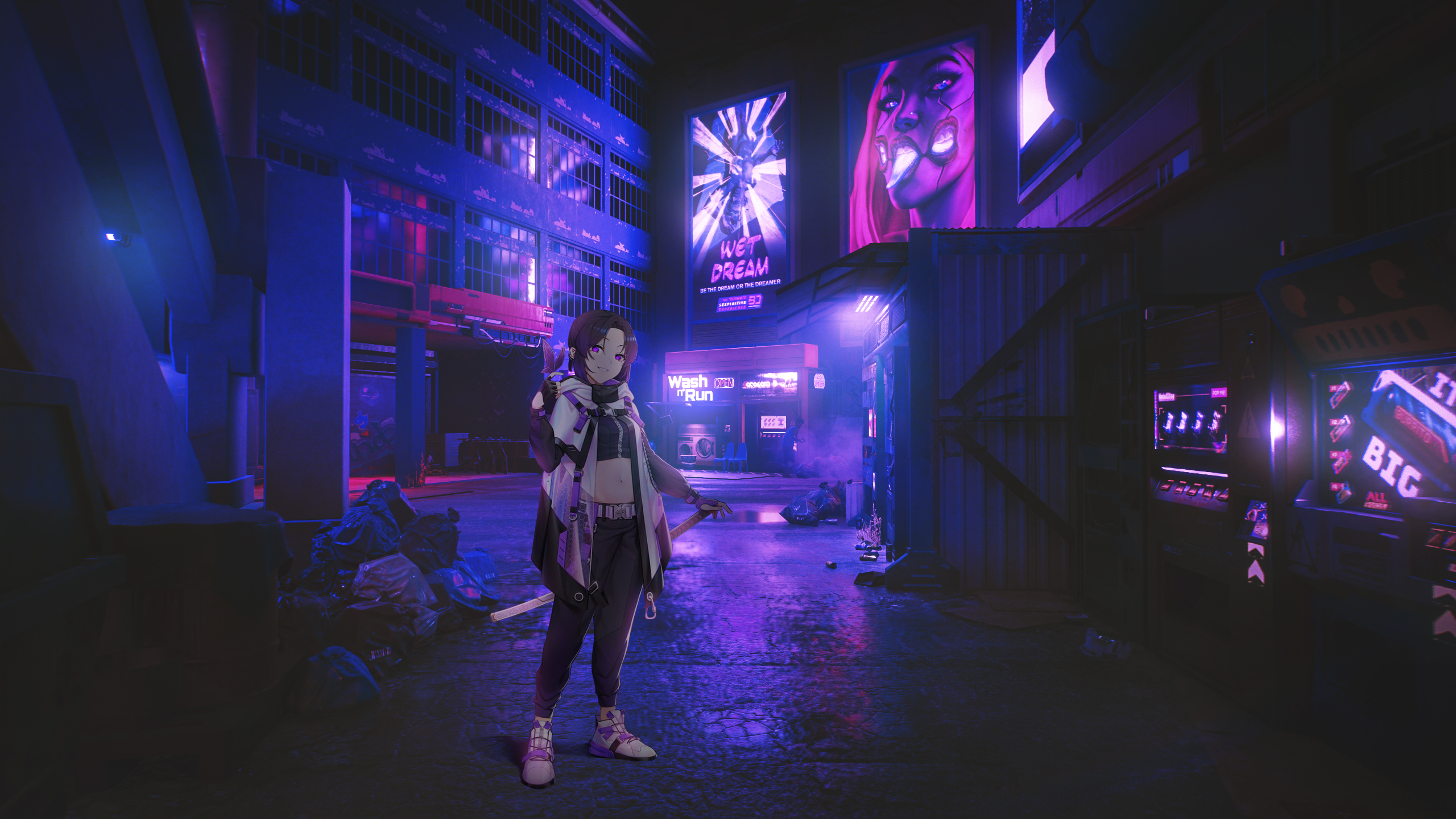 Shinobu Urusei Yatsura Kimetsu No Yaiba Neon Cyberpunk Street Anime Anime Girls Purple Background Cy 2560x1440