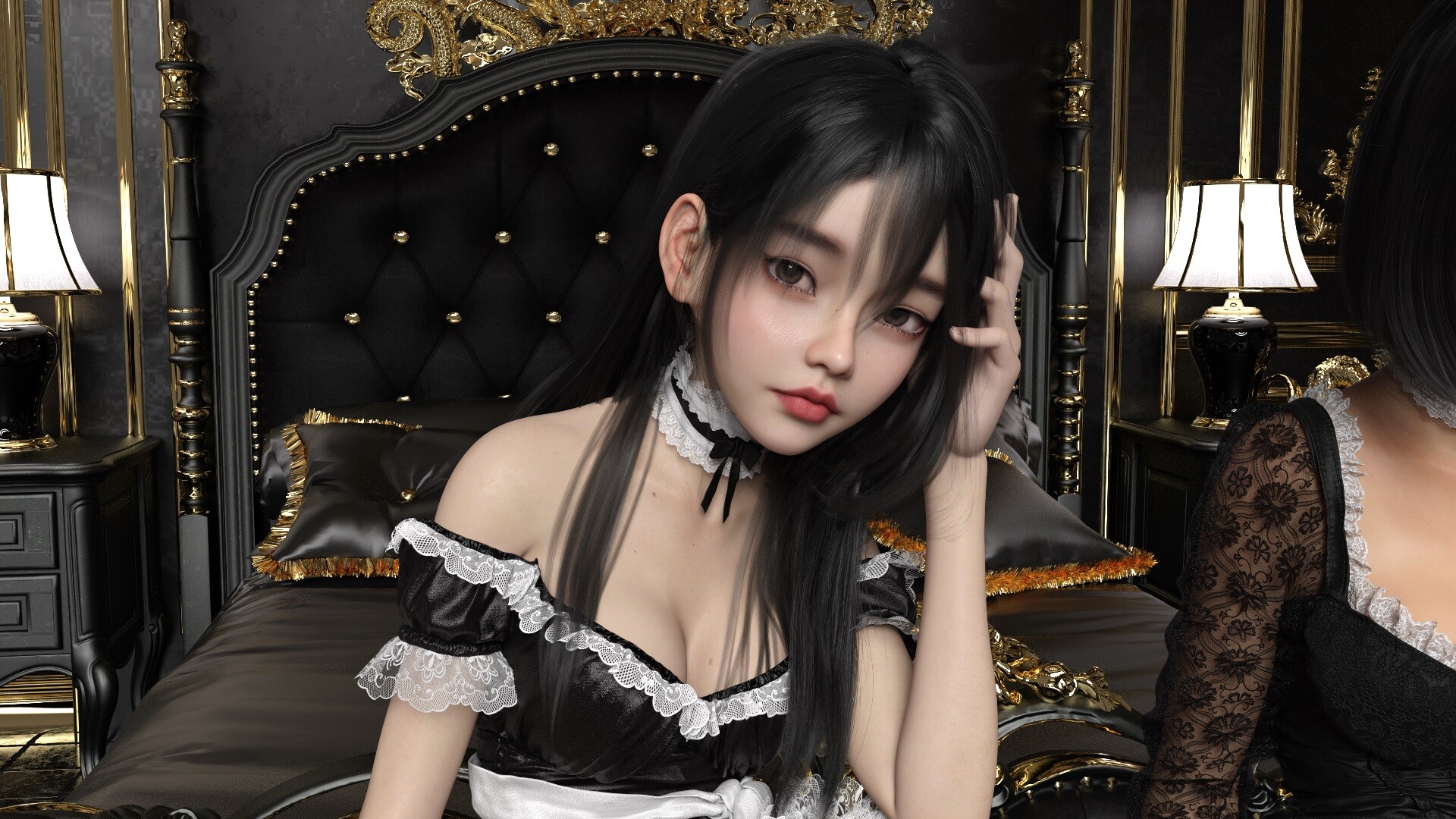 Sir Tancrede CGi Women Dark Hair Maid Outfit Maid Hands In Hair Bed Pillow Gold Portrait Asian 1920x1080