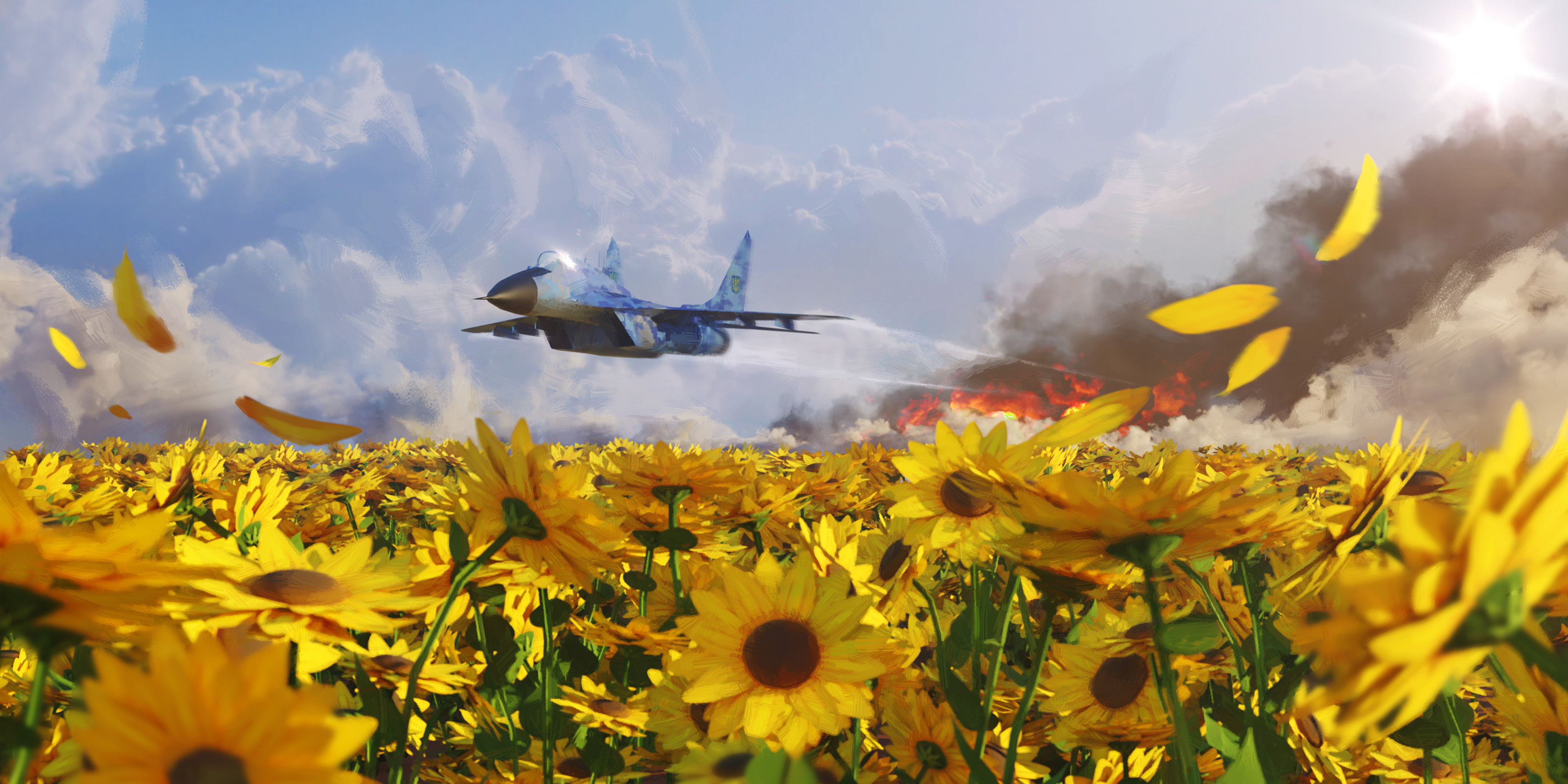 Rostyslav Zagornov Painting Digital Art Artwork Illustration Airplane Flowers Clouds Flying Sunflowe 3840x1920