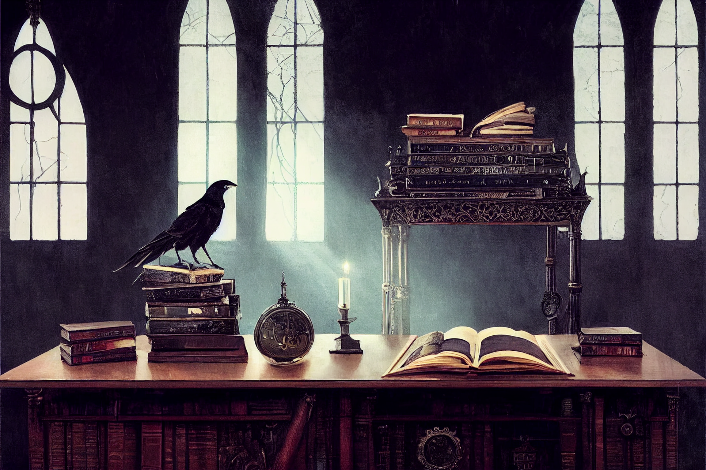 Gothic Raven Books Ai Fantasy Art 2304x1536
