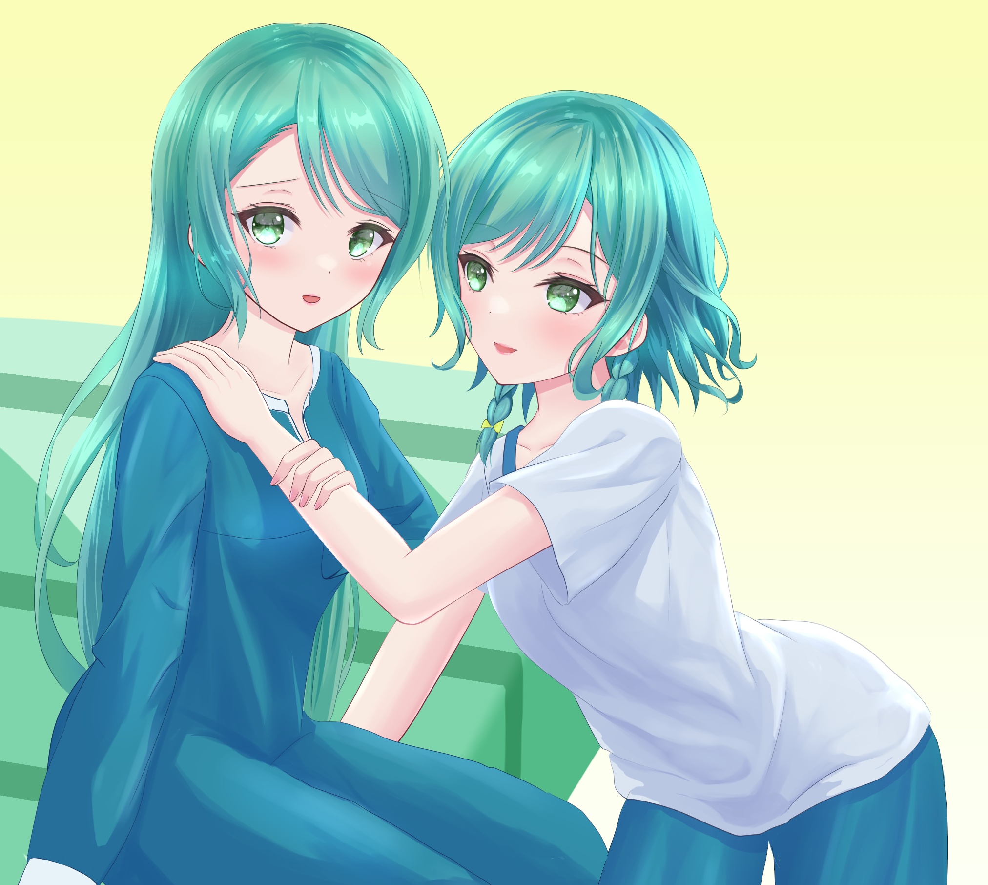 Anime Anime Girls BanG Dream Hikawa Hina Hikawa Sayo Short Hair Long Hair Green Hair Twins Two Women 2024x1812