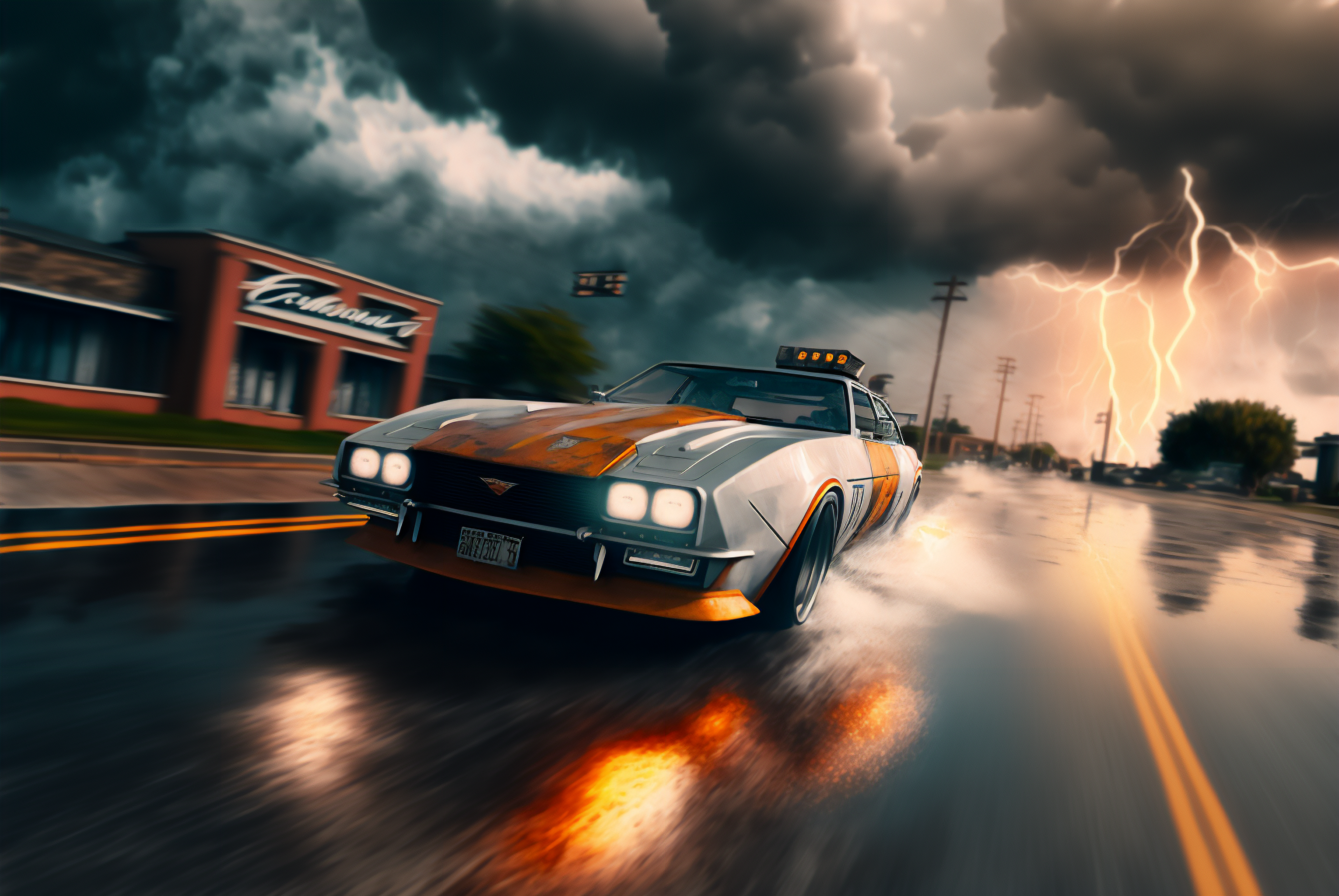 Ai Art Driving Muscle Cars Storm Lightning Clouds Road Car Headlights 3060x2048