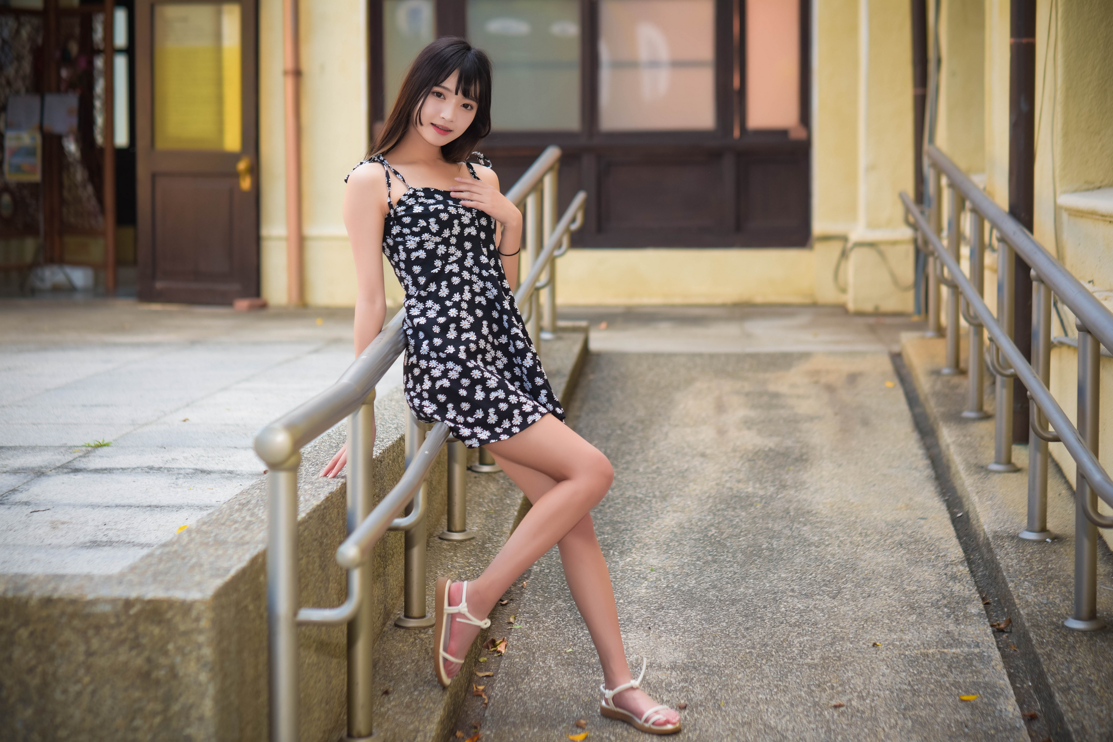 Asian Model Women Long Hair Dark Hair Flower Dress Barefoot Sandal Iron Railing Leaning 3840x2563