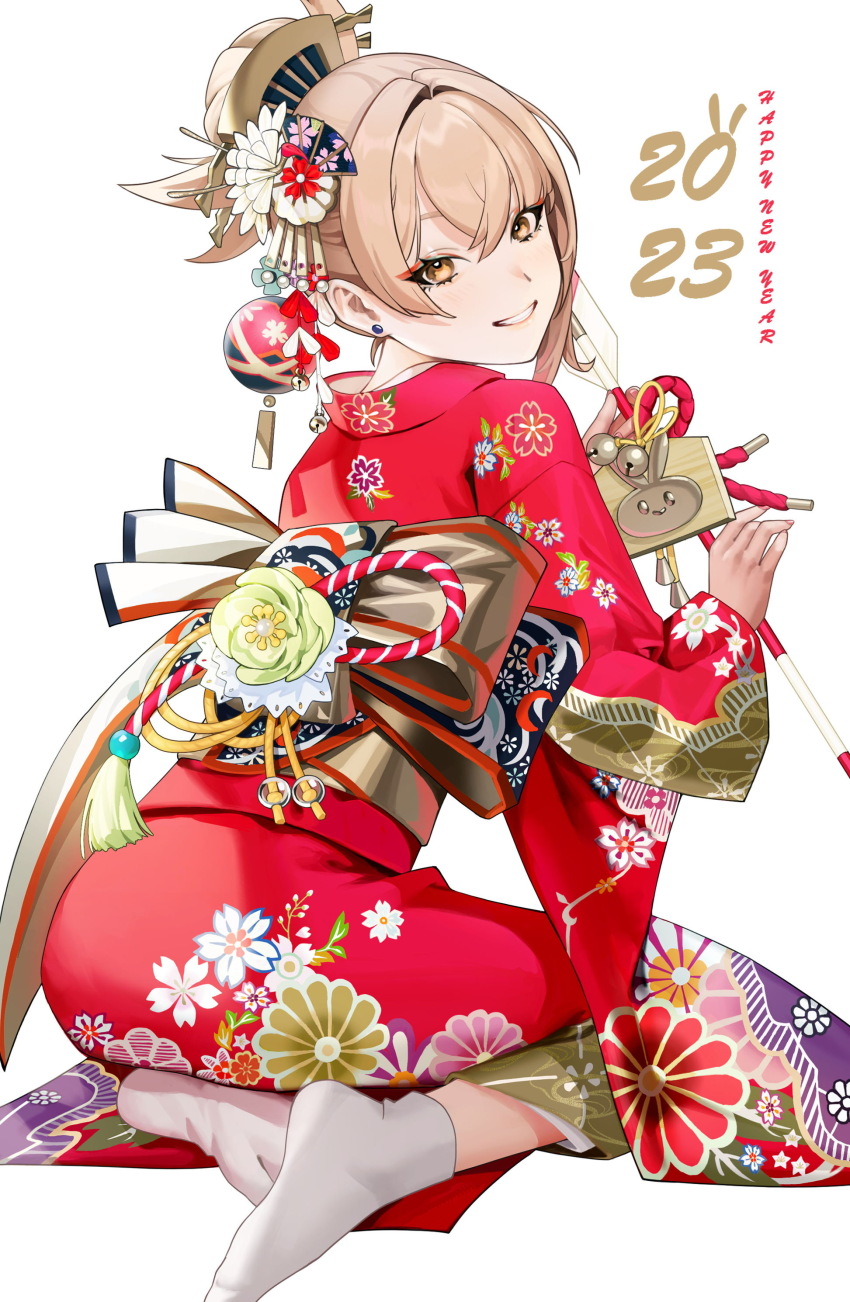 Anime Anime Girls Vertical Kimono New Year Smiling Flower In Hair Socks Blonde Yellow Eyes 850x1302