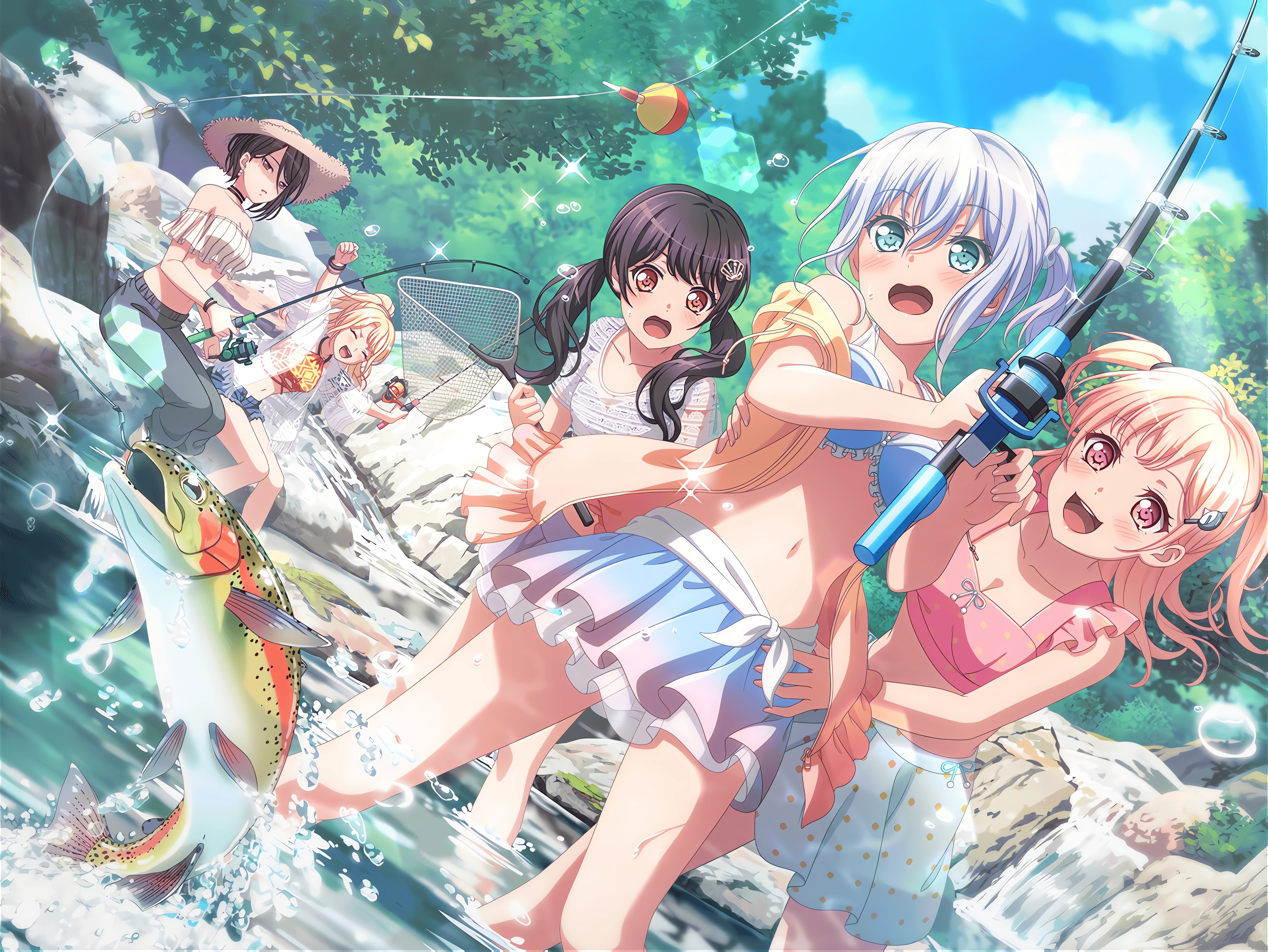 BanG Dream Mashiro Kurata Anime Anime Girls Fish Fishing Water Blushing Sunlight Stars Surprised Sta 5336x4008
