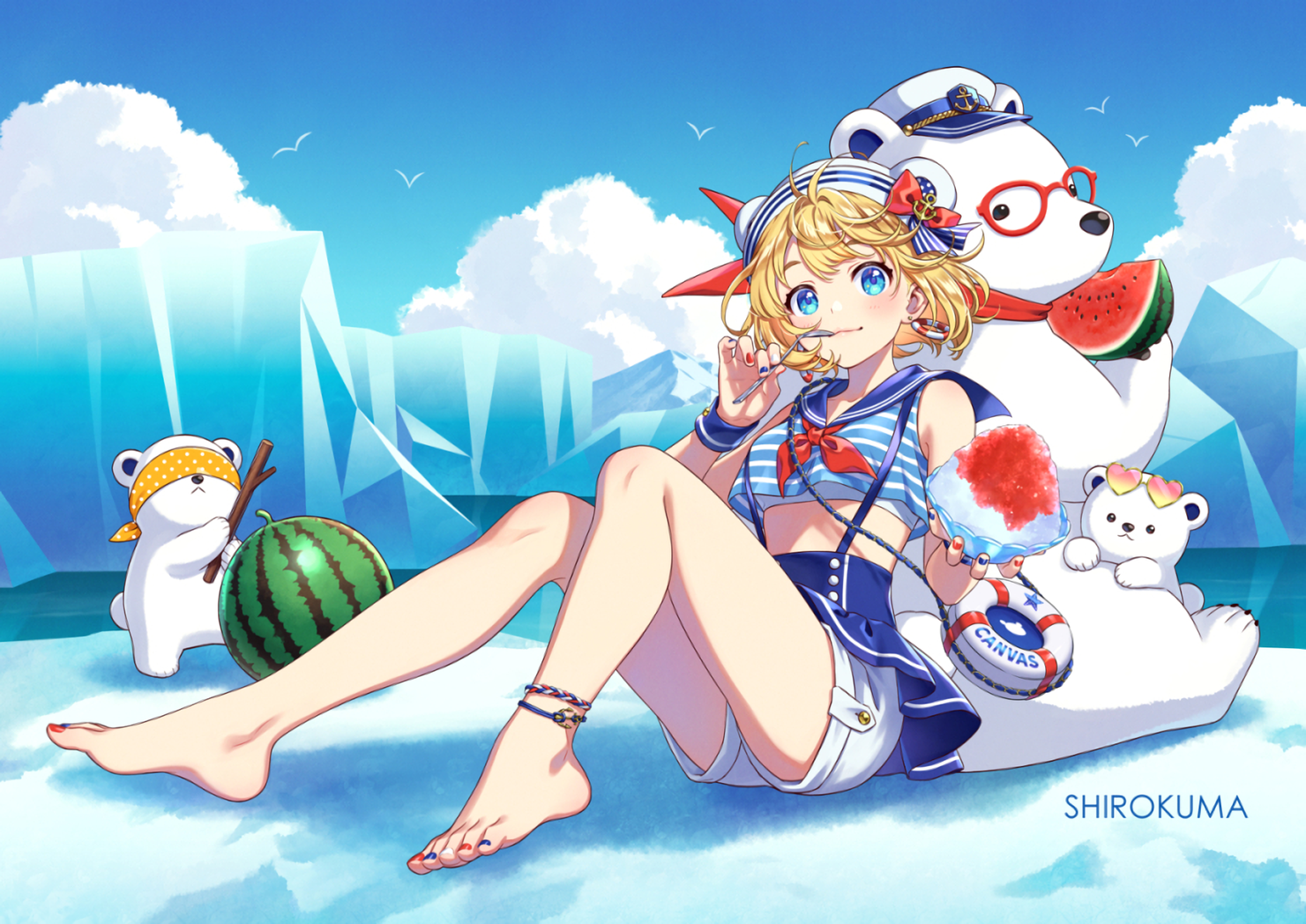 Anime Anime Girls Watermelons Signature Blushing Feet Sky Clouds Water Looking At Viewer Blonde Blue 1481x1048