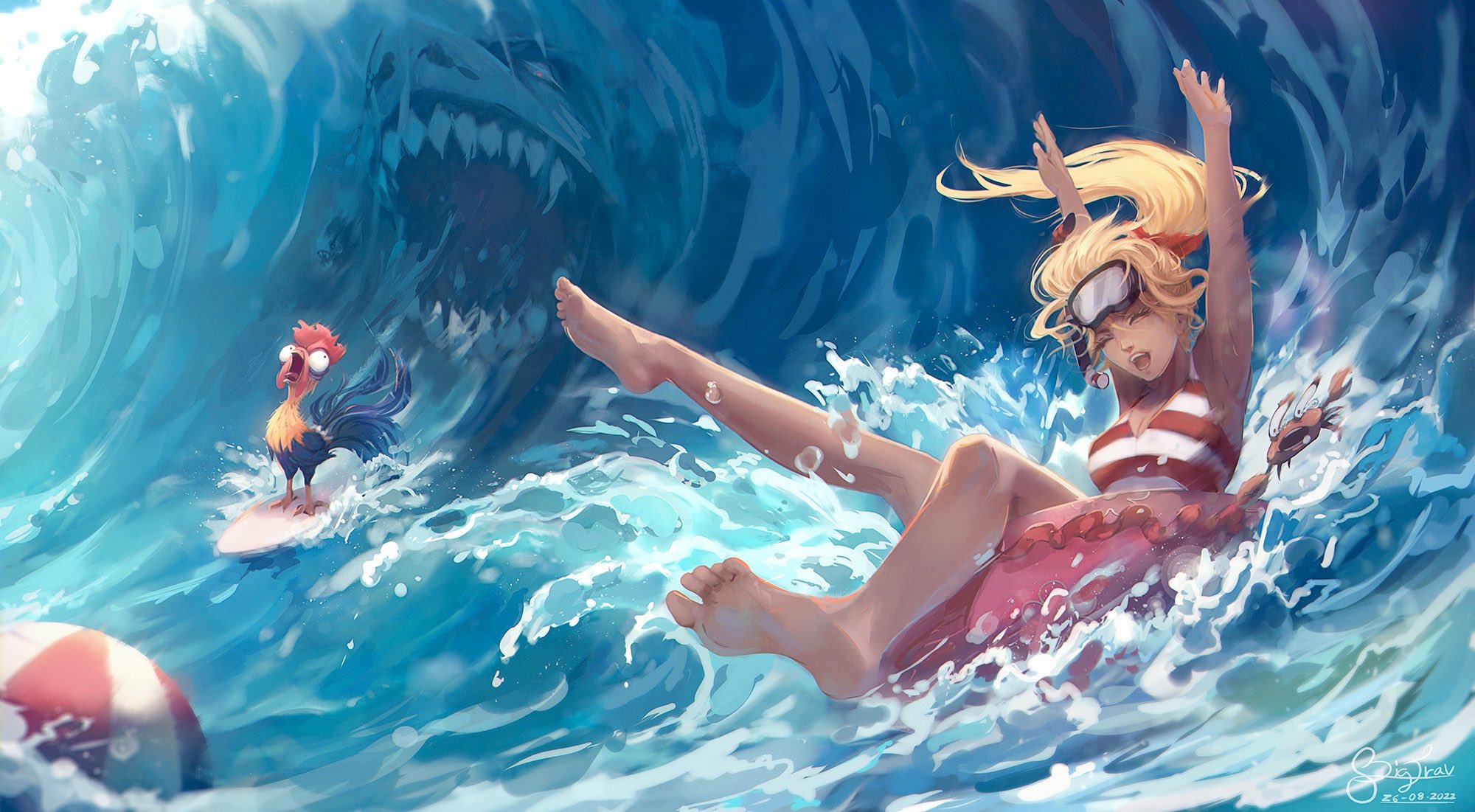 Bigtravart Anime Girls Animals Closed Eyes Sea Open Mouth Striped Beach Ball Foot Sole Barefoot Sign 2000x1101