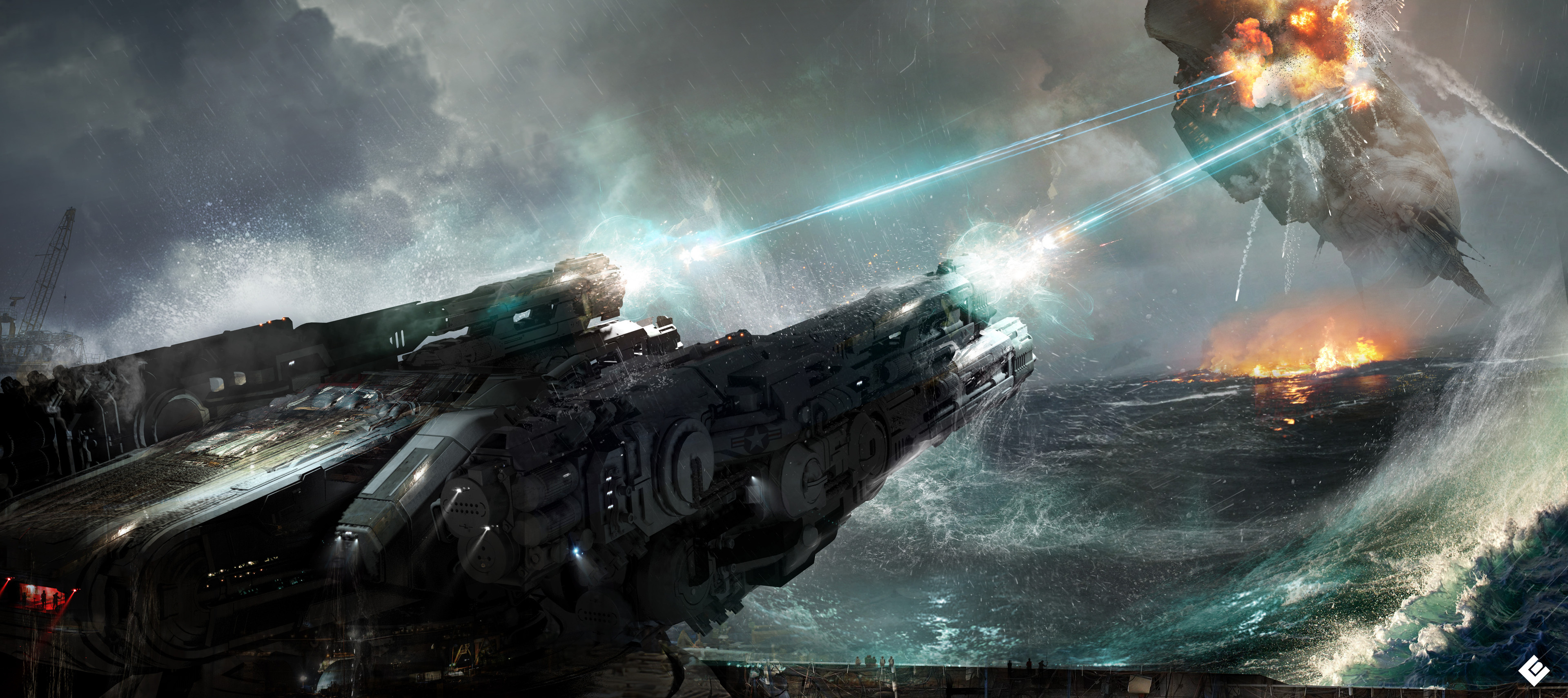 Science Fiction Science Cannon Explosion Blue Red Yellow Smoke Sea Water Fluid Plasma Ion Cannon Fir 3840x1709