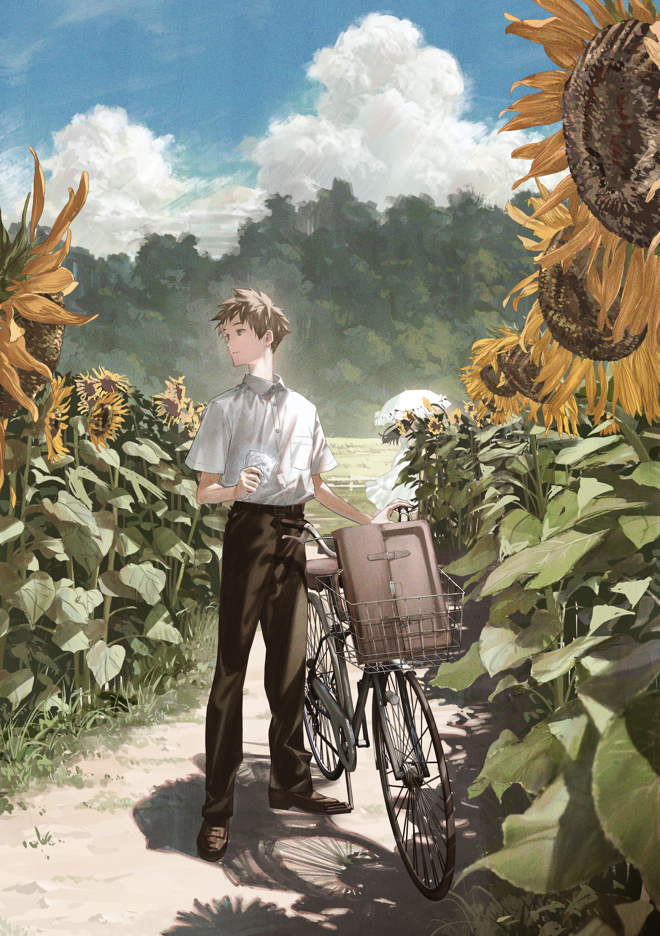 Matsukenmanga Anime Boys Solo Suitcase Sunflowers Clouds Standing Blonde Open Mouth Bicycle Field Sh 2756x3904