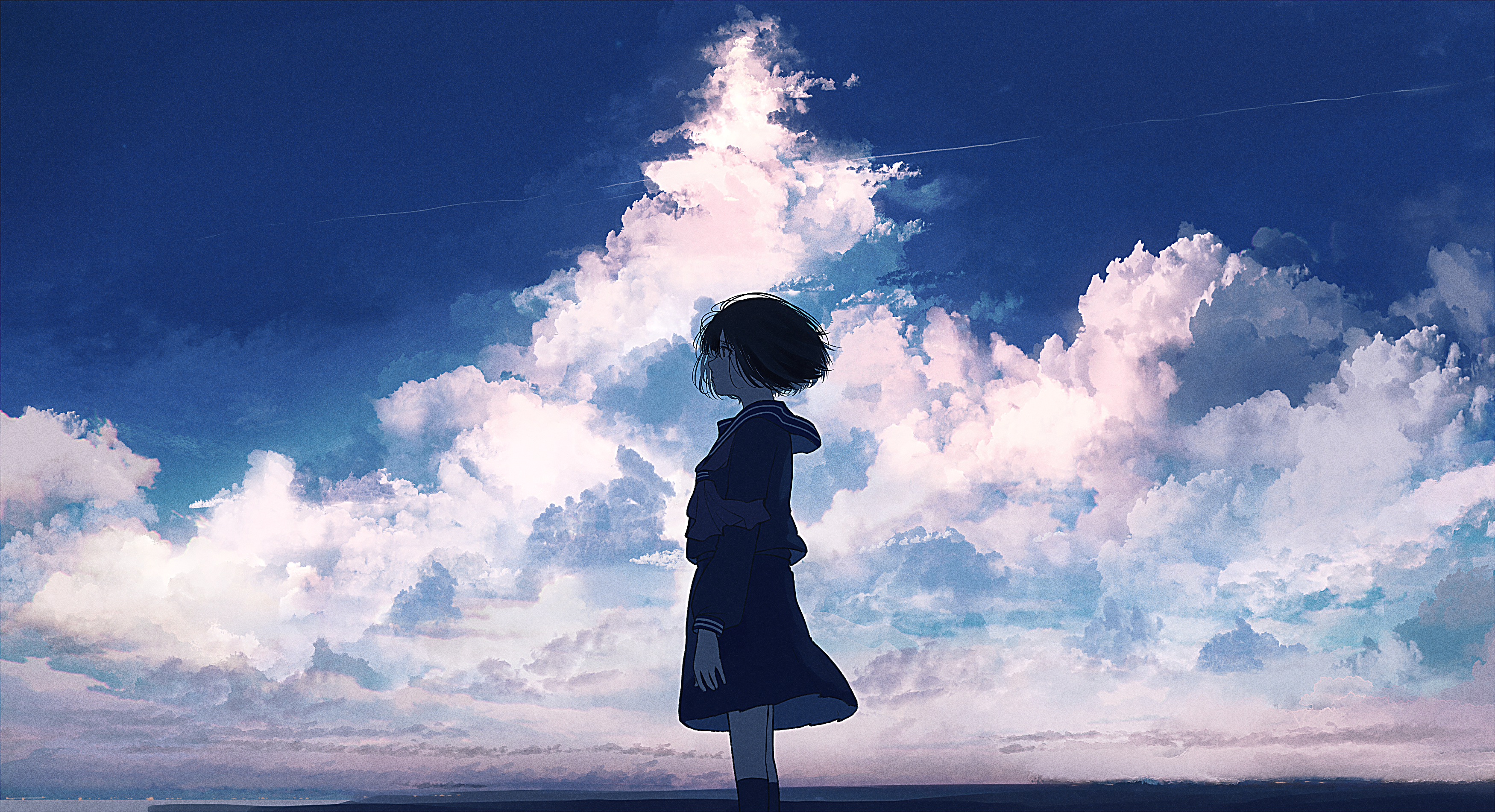 Anime Anime Girls Short Hair Black Hair Women Students Schoolgirl Uniform Landscape Clouds Digital D 3500x1902