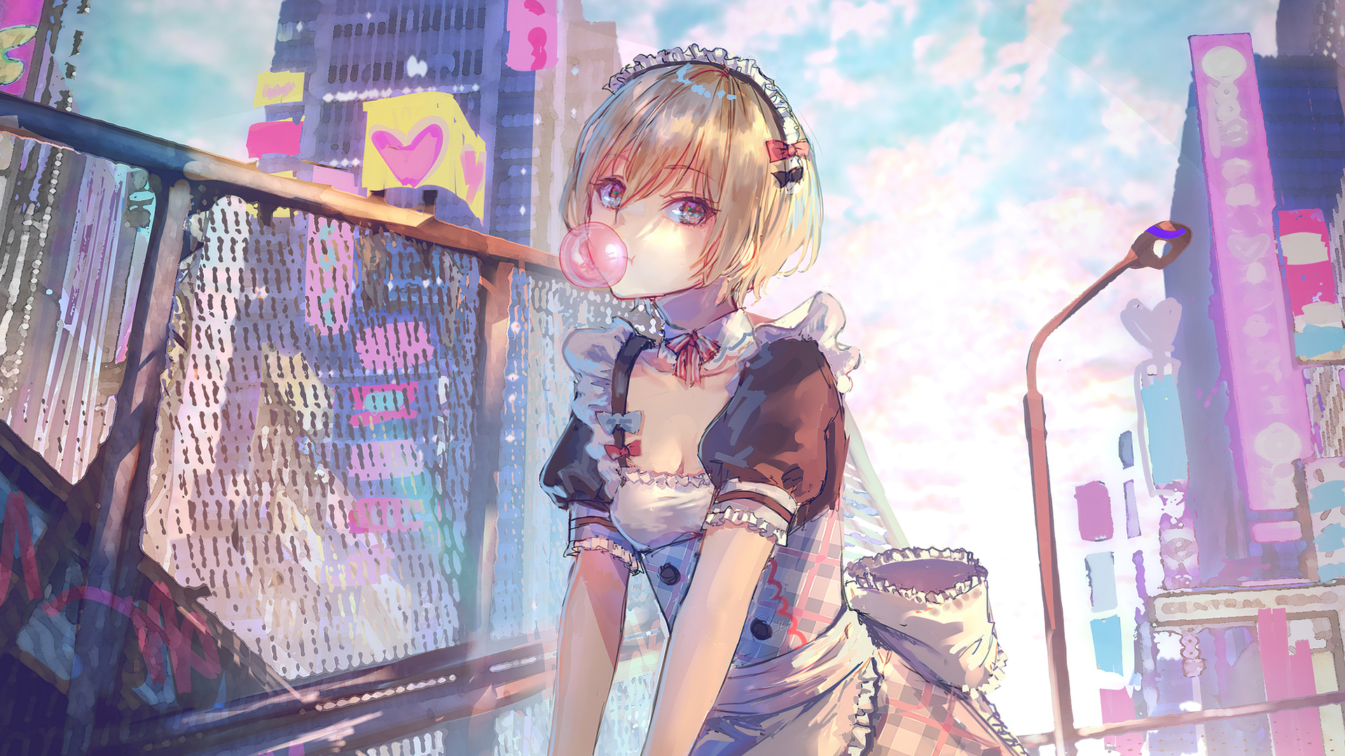 Anime Girls Blonde Short Hair Maid Outfit Maid Building City Looking At Viewer Clouds Low Angle Chew 1920x1080