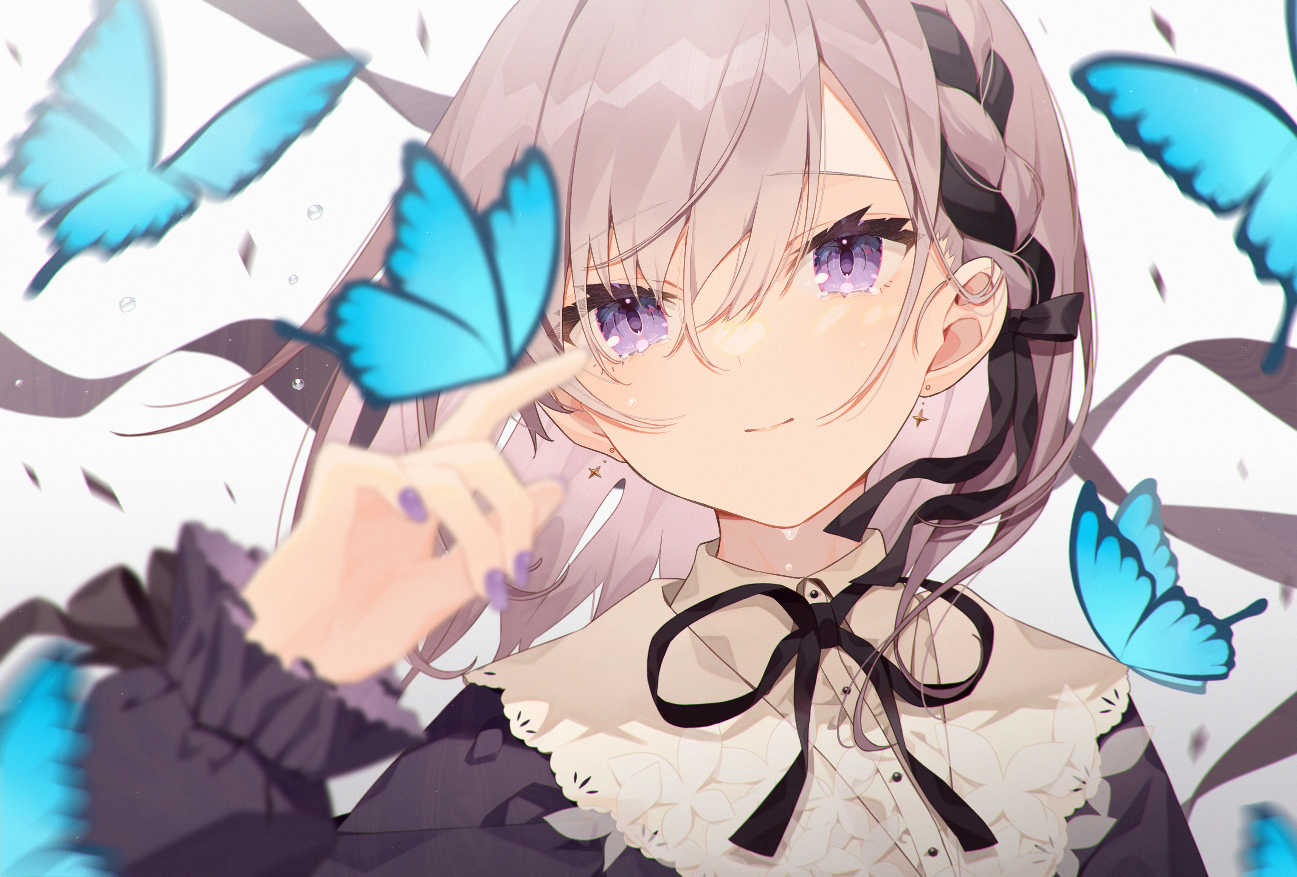 Anime Pixiv Anime Girls Butterfly Looking At Viewer Bow Tie Earring Water Drops Smiling 4352x2944