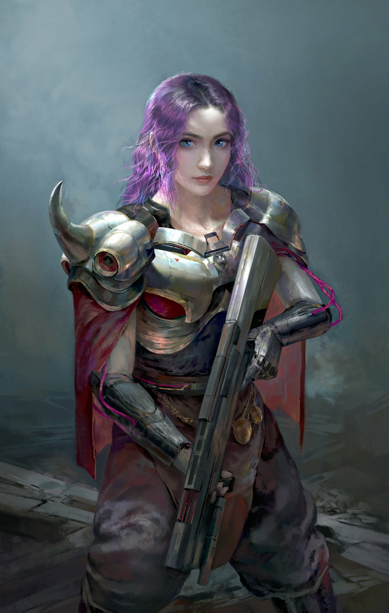 Nero Gen Digital Art Artwork Illustration Women Painting Armor Weapon Purple Hair Vertical Gun 1240x1956