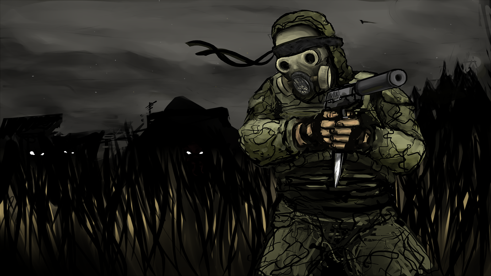 S T A L K E R Video Game Art Gun Soldier Uniform Gas Masks Knife Video Games Night Metal Gear 1600x900