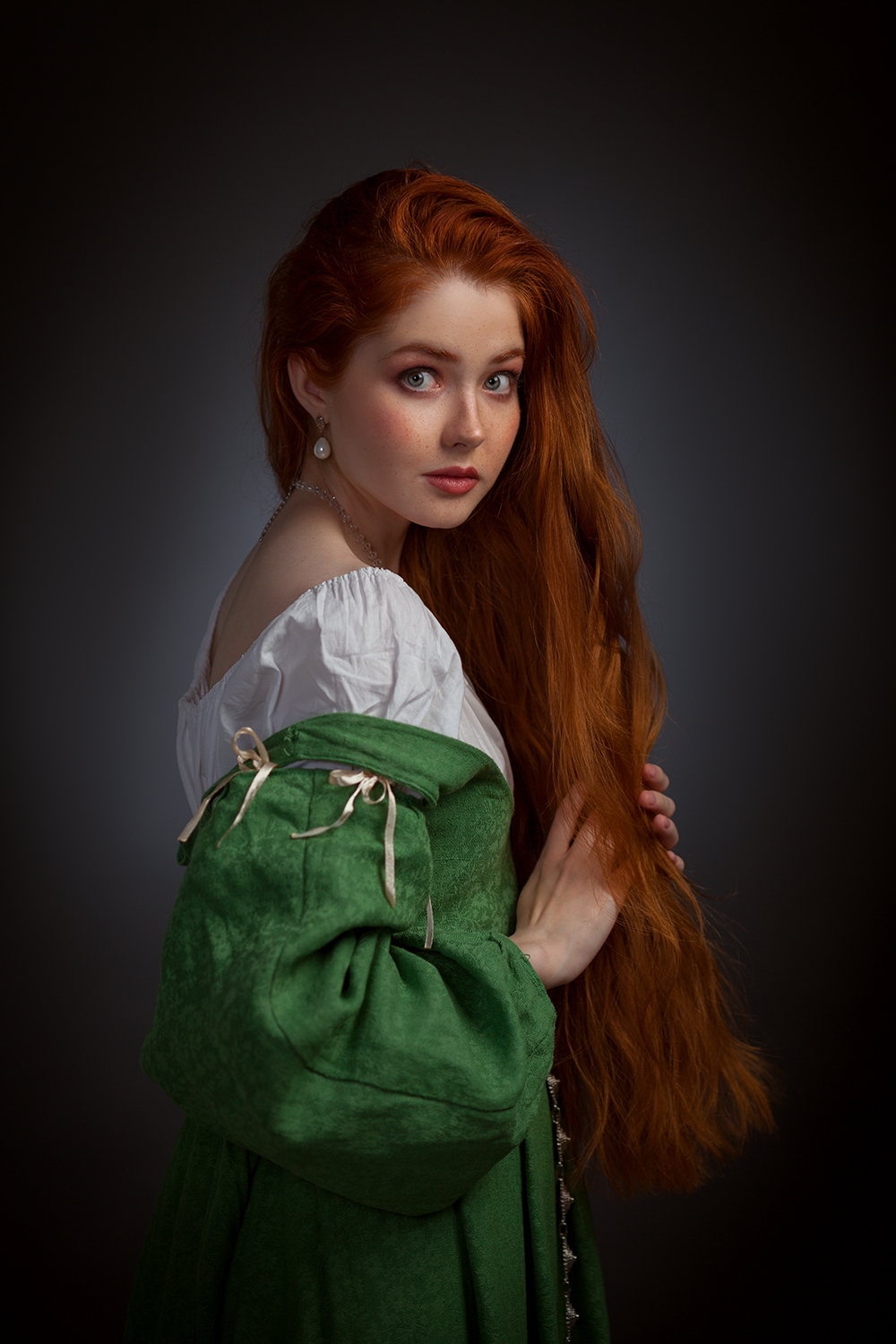 Denis Kotov Women Redhead Long Hair Freckles Green Clothing Makeup Simple Background 1000x1500