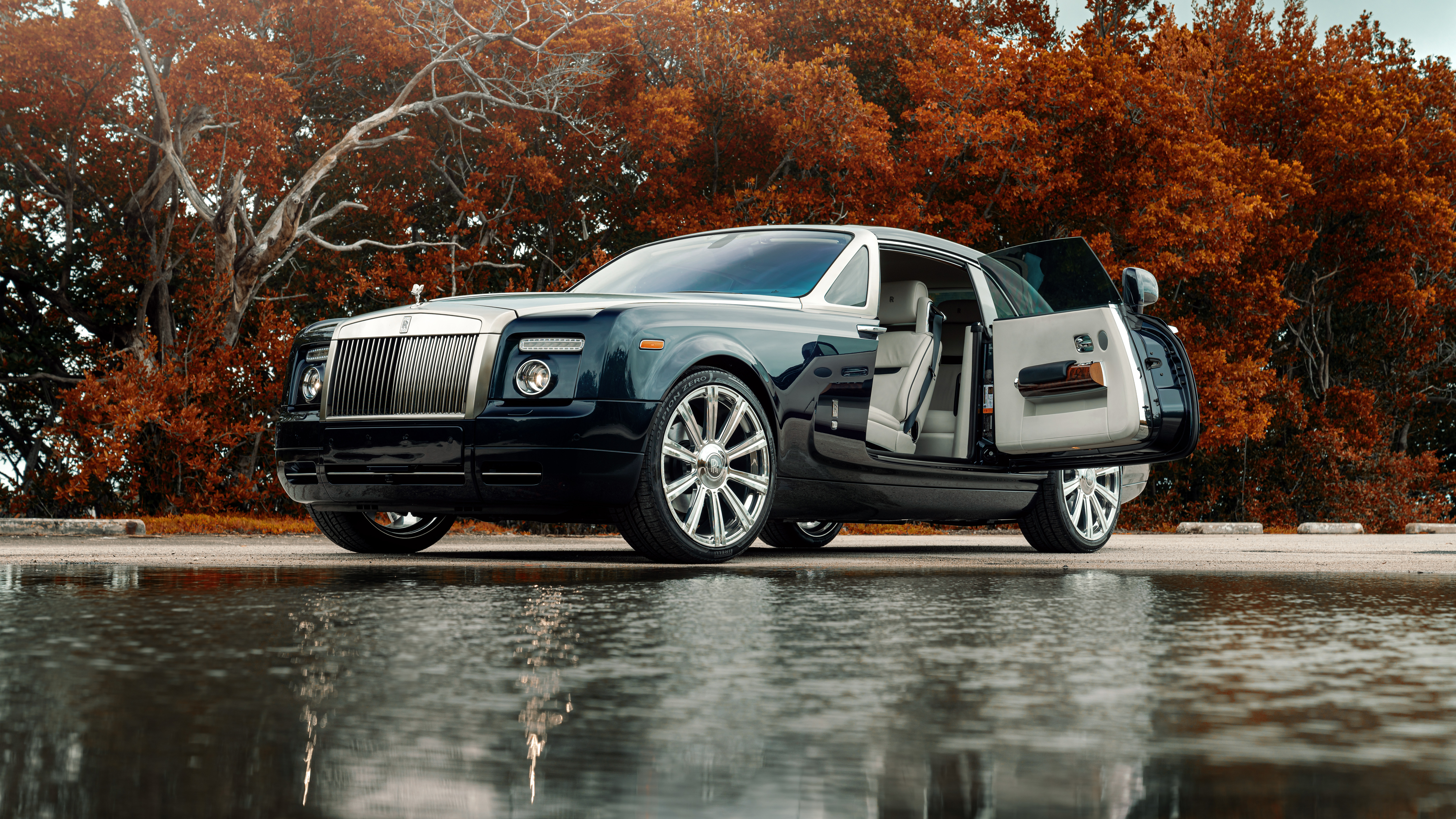 Car Rolls Royce Luxury Cars British Cars Frontal View Vehicle Trees Water Reflection 5120x2880