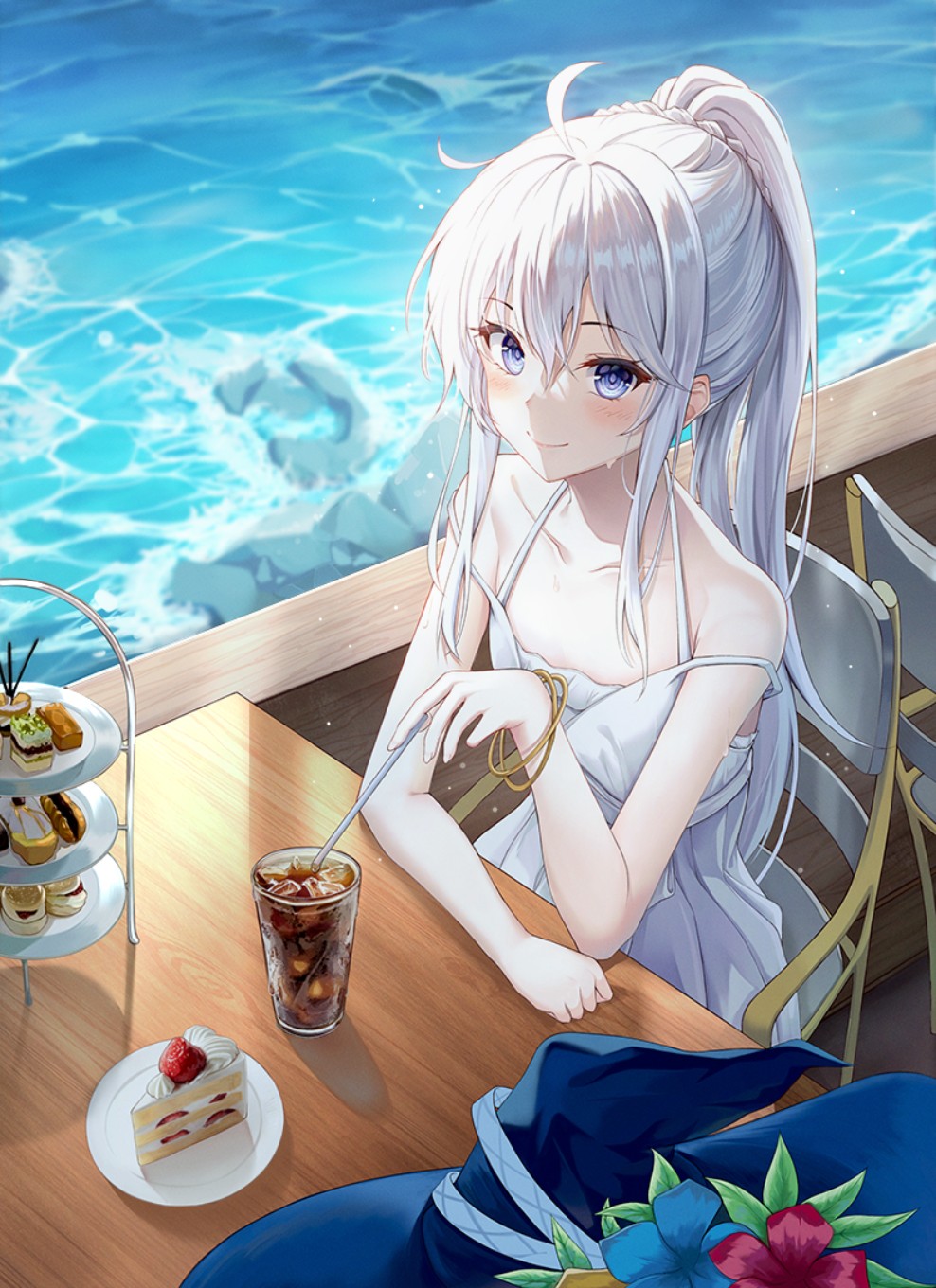 Anime Pixiv Food Drink Cake Water Anime Girls Portrait Display Ponytail Long Hair Looking At Viewer  988x1360