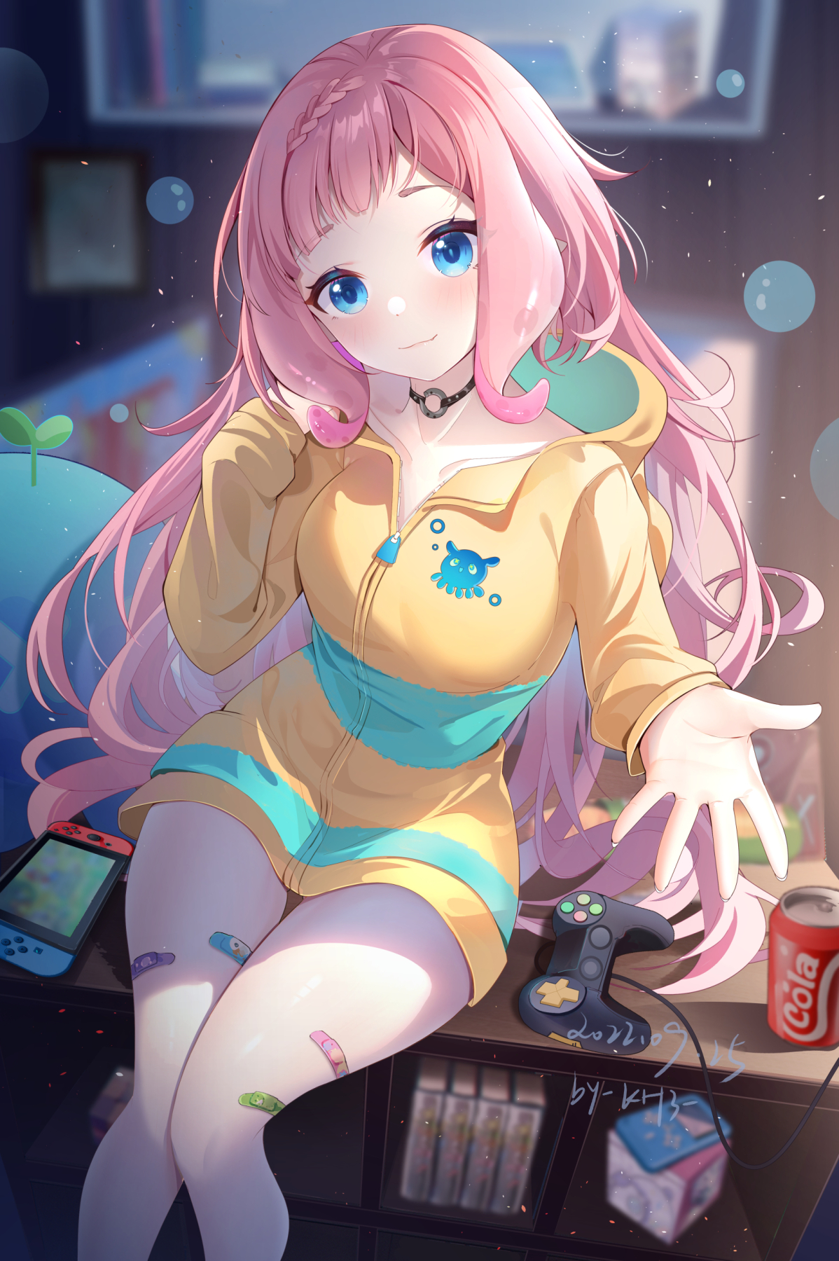 Anime Anime Girls Digital Art Artwork Pixiv 2D Pink Hair Blue Eyes Controllers Soda Coca Cola Ninten 1198x1800