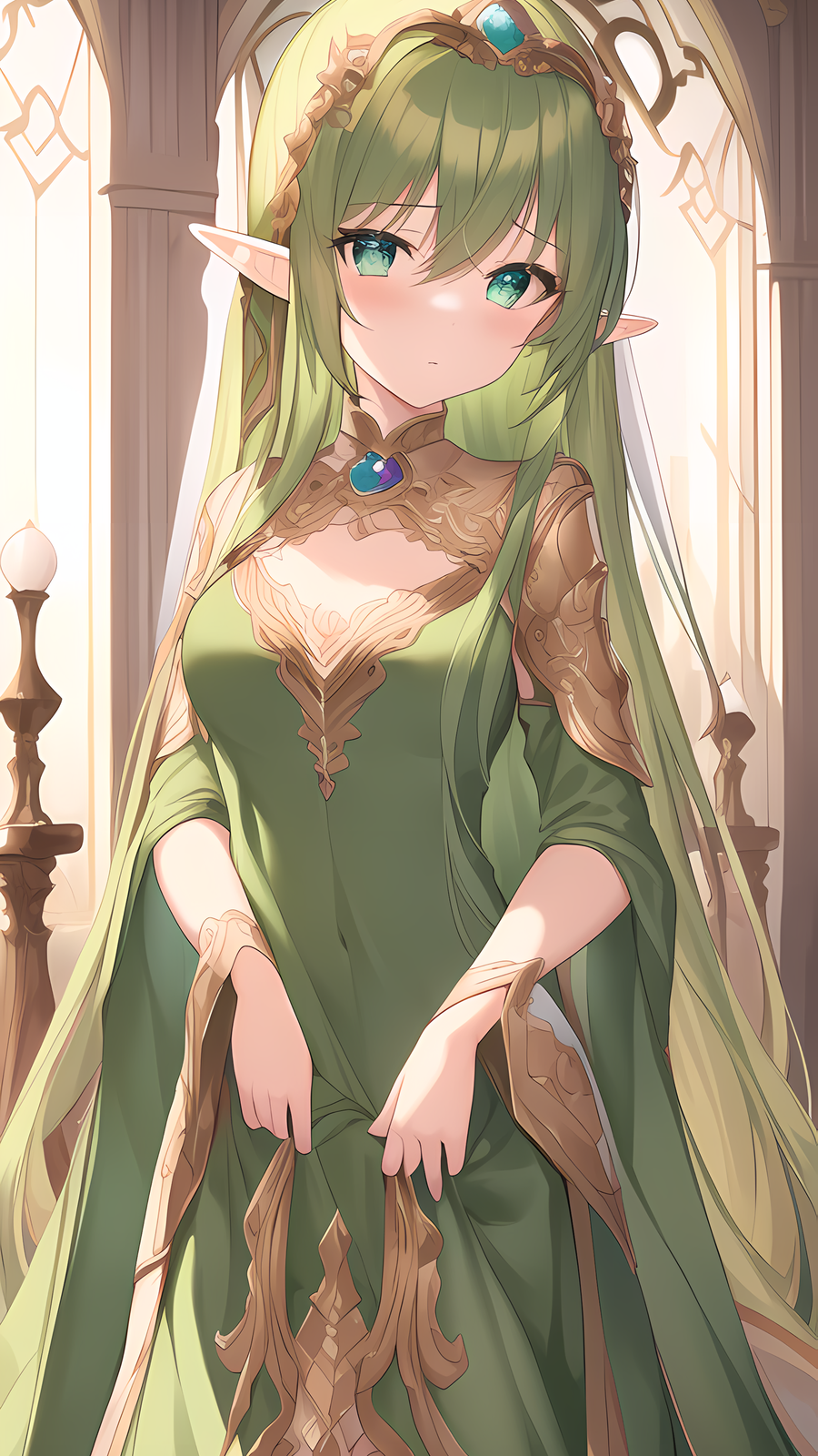 Ai Art Elf Princess Dress Green Hair Vertical Anime Girls Pointy Ears Long Hair 900x1600