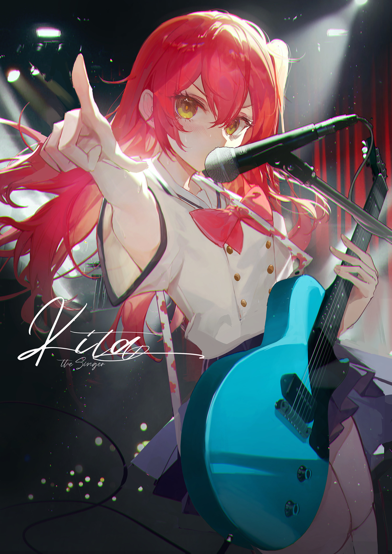 Anime Anime Girls Pixiv Microphone Musical Instrument Finger Pointing Guitar Looking At Viewer Stand 1500x2122