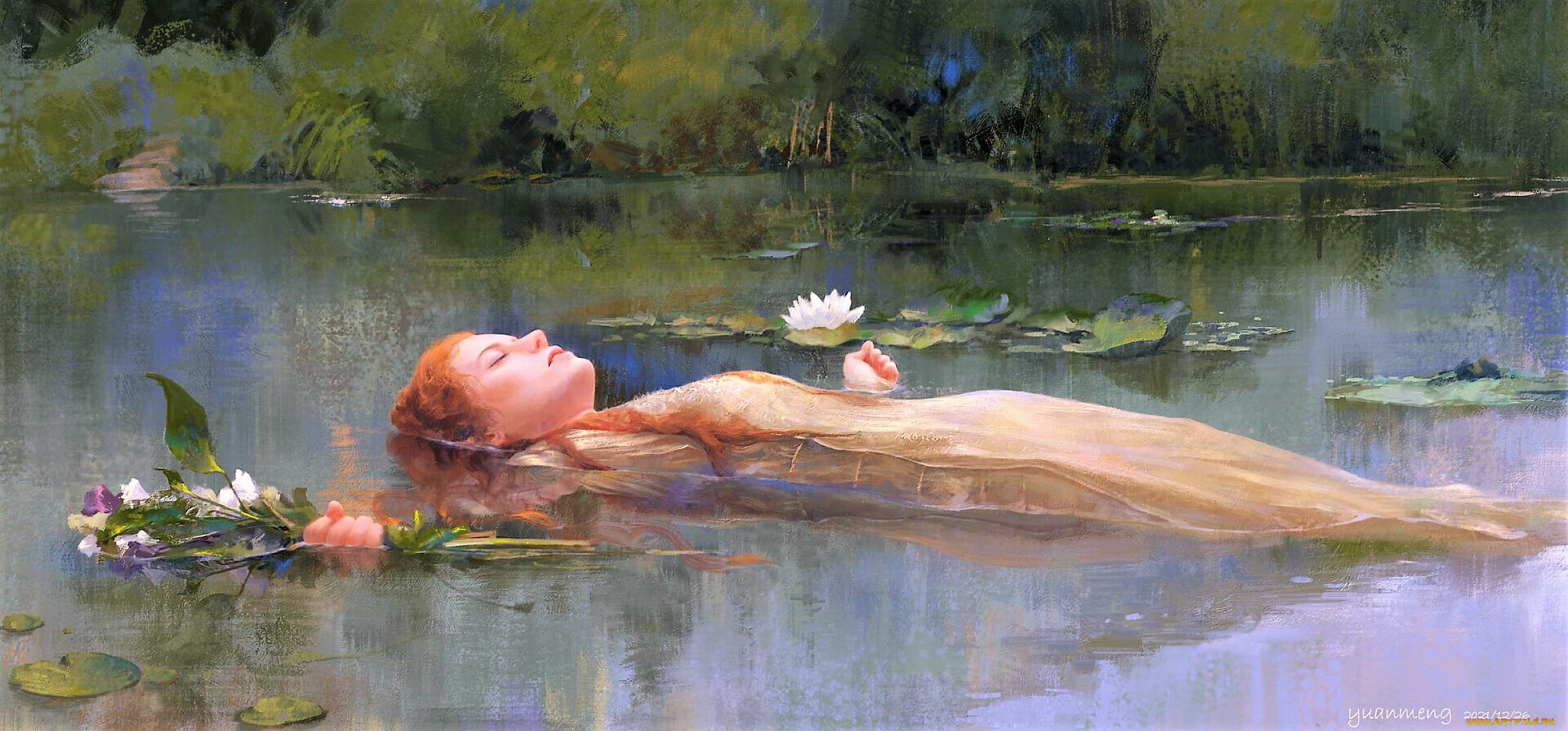 Women Artwork Fantasy Art Fantasy Girl Closed Eyes Women Outdoors Floating In Water Flowers Redhead  2314x1080