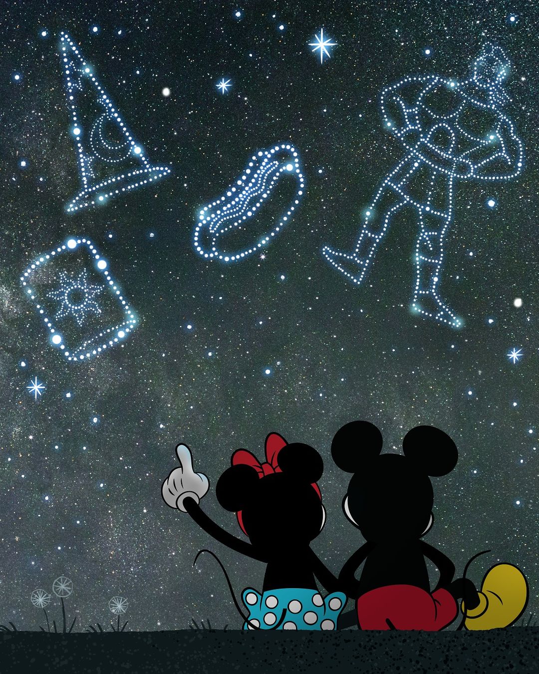 Mickey Mouse Minnie Mouse Stars Sky Hot Dogs Constellation Gloves Finger Pointing Sitting Night Port 1080x1350