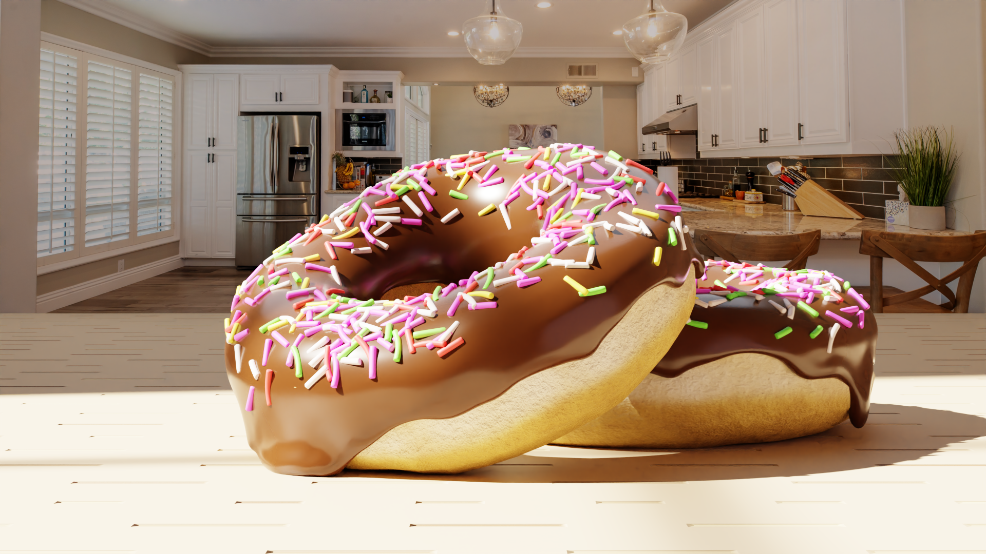 Donut CGi Digital Art Blender Sprinkles Chocolate Kitchen Food Sweets Interior Closeup 1920x1080