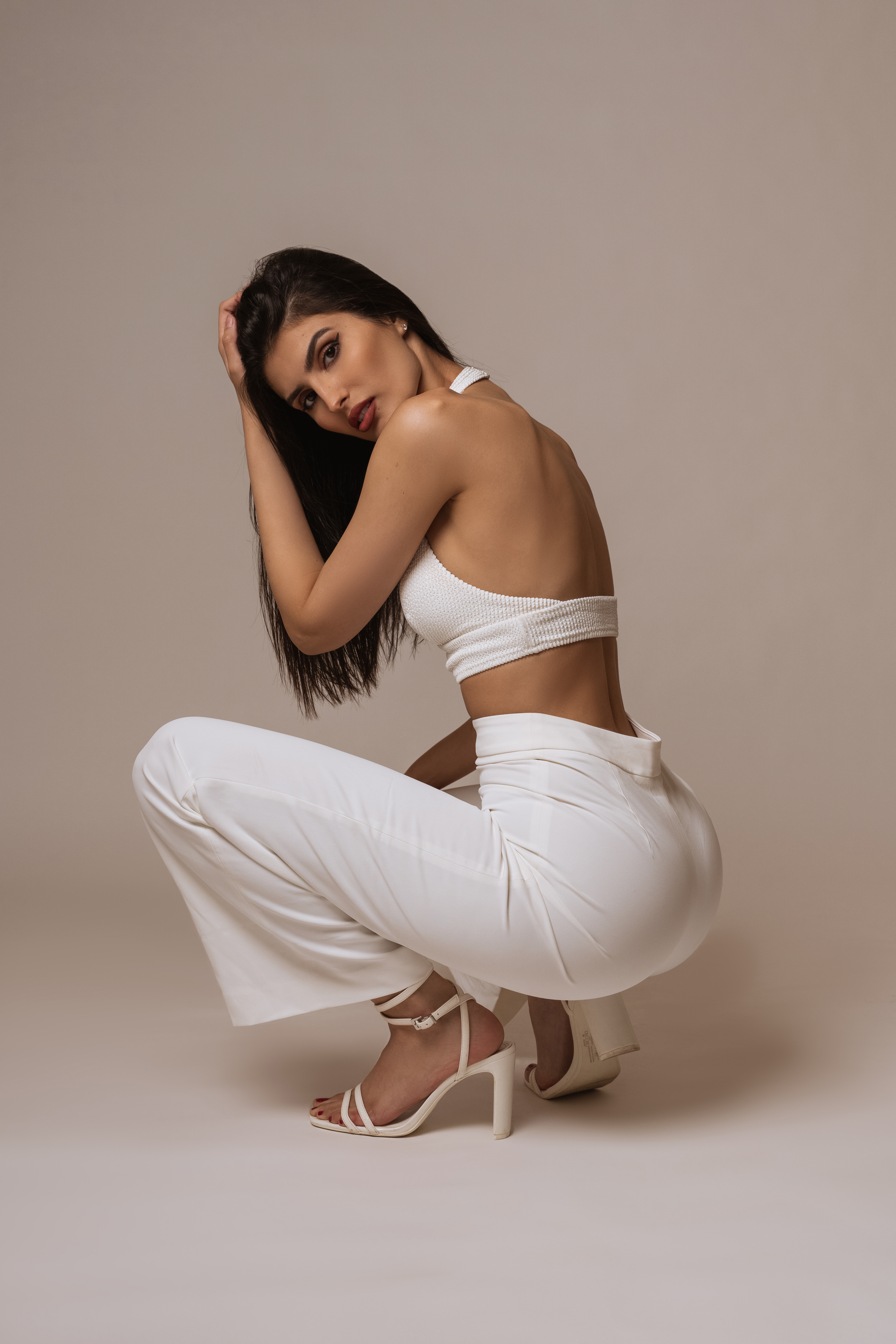 Model Israeli Model Simple Background Portrait Display Women Brunette White Clothing High Heels Stud 4000x6000