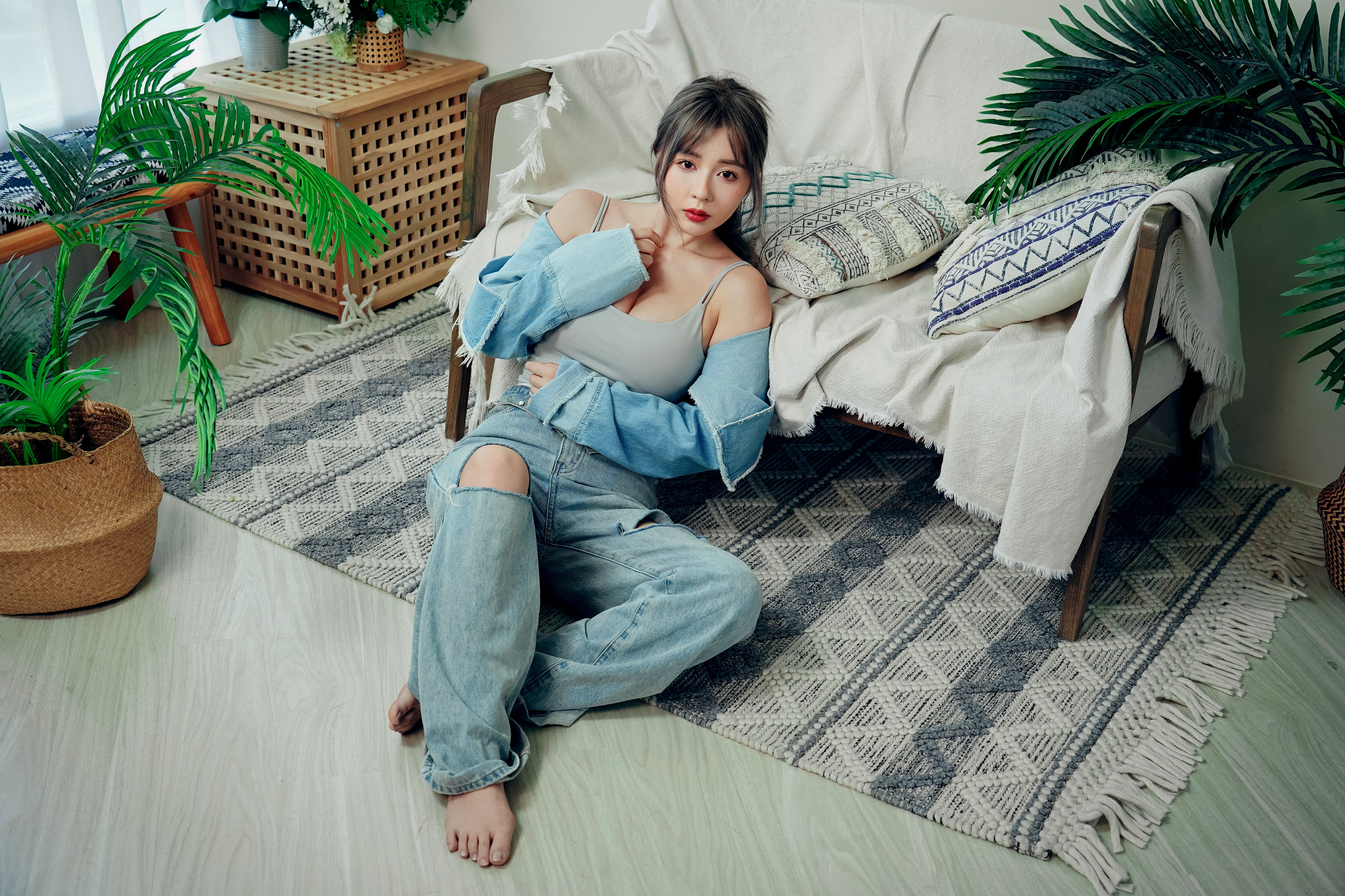 Asian Model Women Dyed Hair Long Hair Ponytail Carpet Couch Pillow Sitting Jeans Denim Jacket Barefo 3840x2560