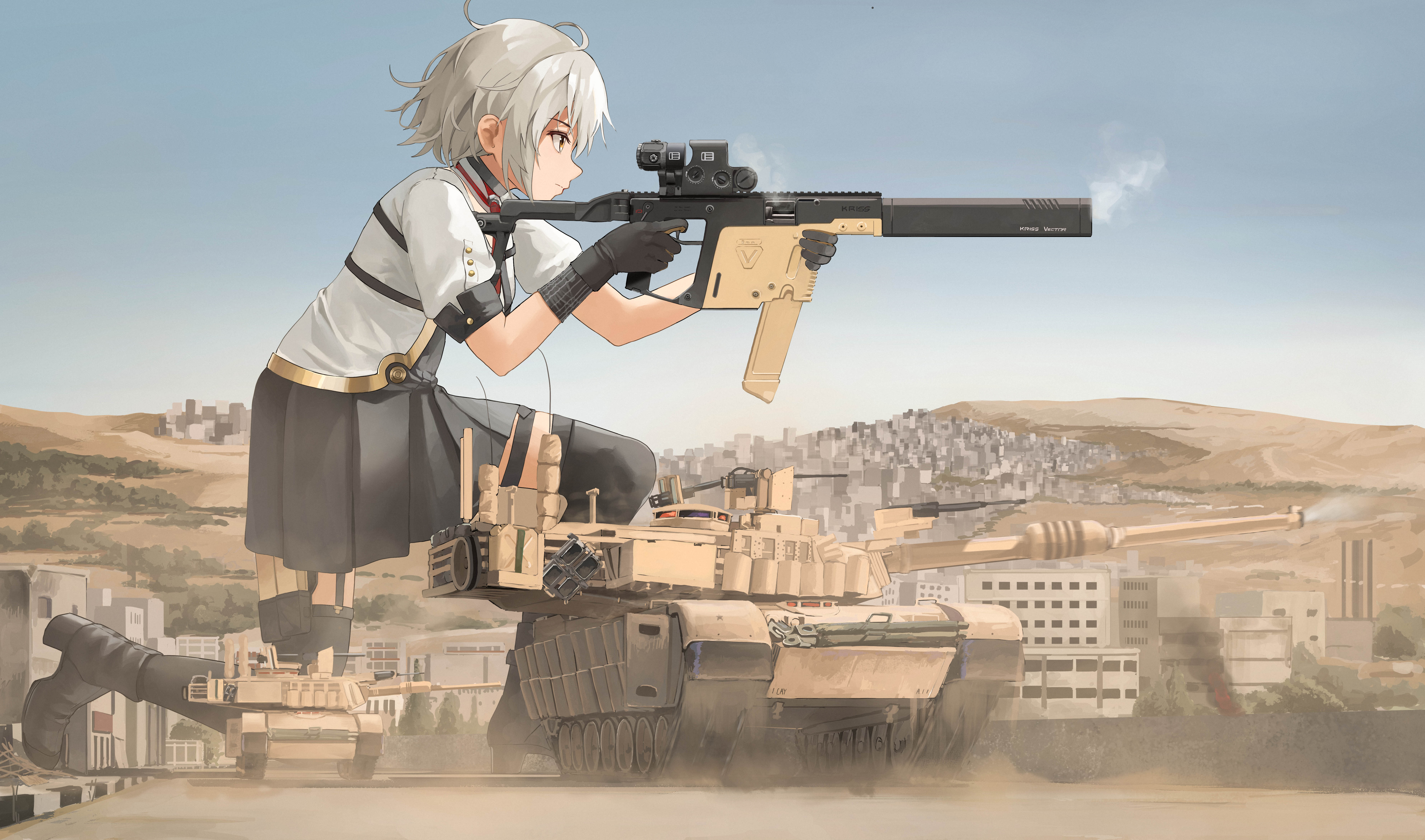 Anime Girls Tank Weapon Profile Girls Frontline Giant Uniform Sky City Building Military Vehicle Sho 7428x4382